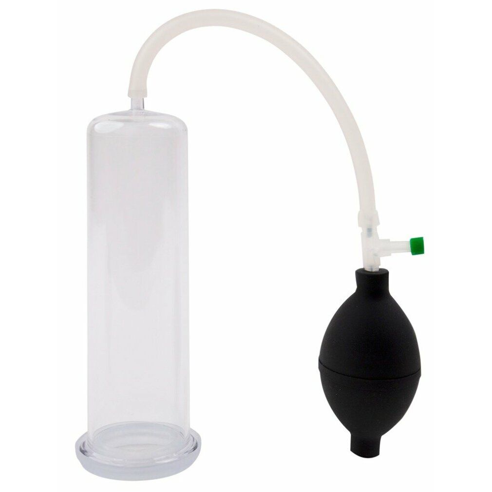 Transparenter Zylinder mit schwarzem Ball, Schlauch und grünem Ventil. Basis. Transparenter Zylinder.