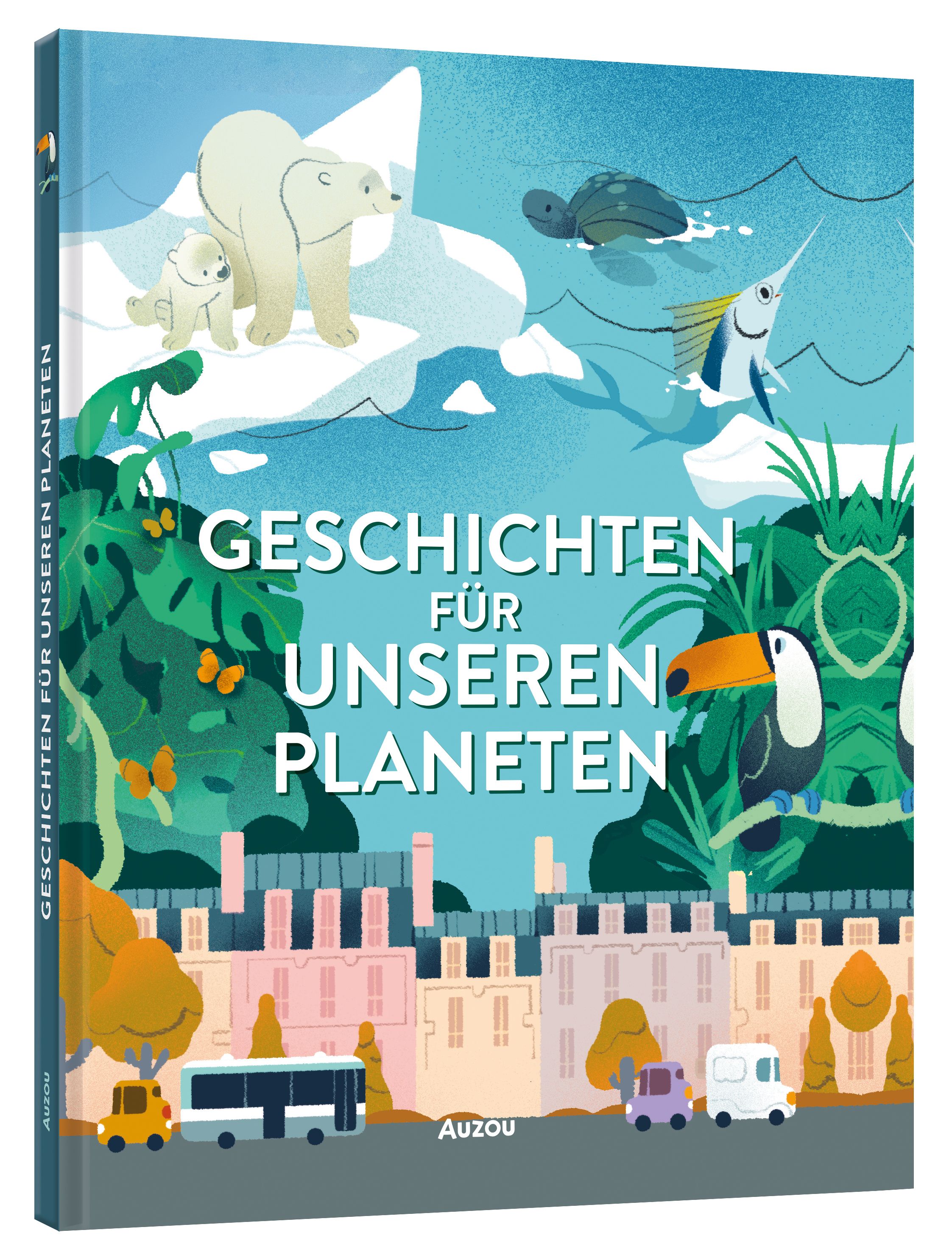 Buchcover mit Illustrationen von Tieren und dem Titel "Geschichten für unseren Planeten". Das Auzou-Logo ist sichtbar.