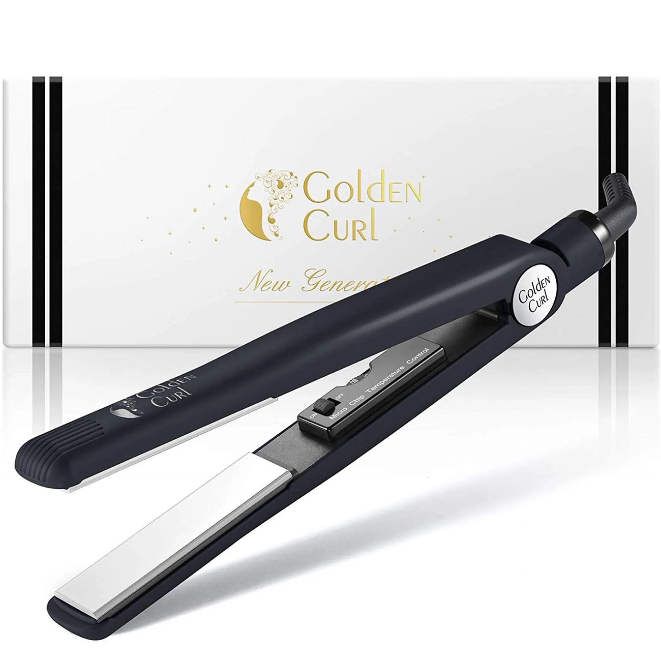 Dunkelblaues Glätteisen mit silbernen Heizplatten. Golden Curl Logo und Schriftzug New Generation. Weiße Box im Hintergrund.