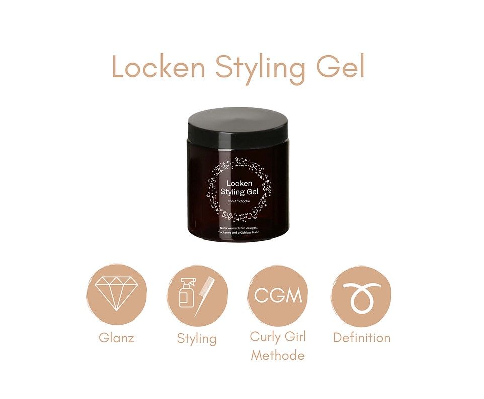 Braune Dose mit schwarzem Deckel. Aufschrift: Locken Styling Gel. Darunter Symbole und Text.