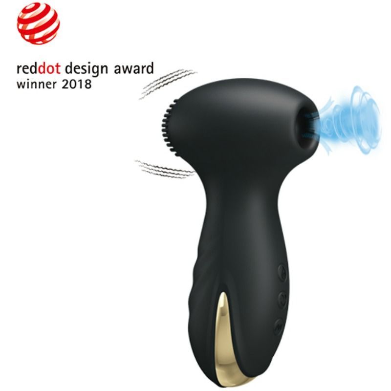 Schwarzes Wellness-Produkt mit strukturiertem Kopf. Red Dot Design Award. Blaue Luftströme werden dargestellt.