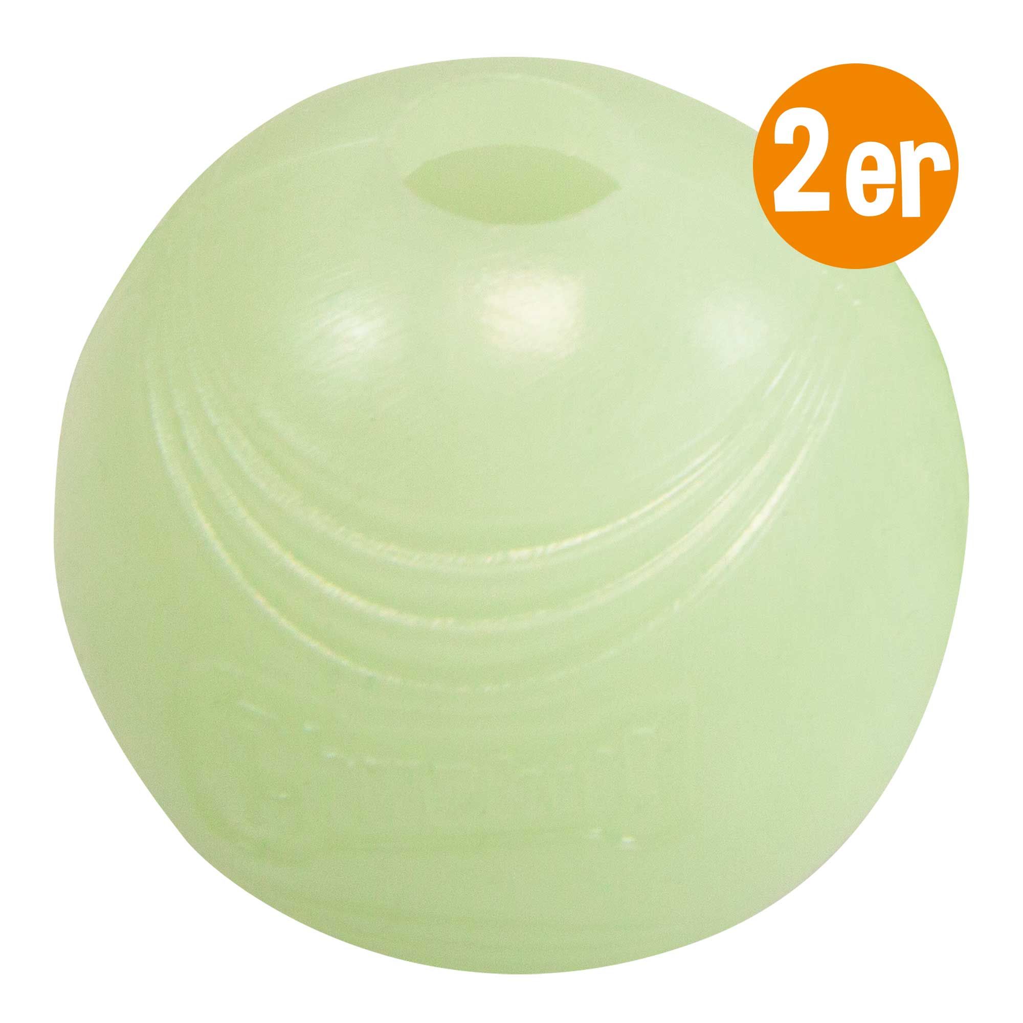 Leuchtender Ball, grün. Mit Loch. Orangefarbener Aufkleber mit "2er".