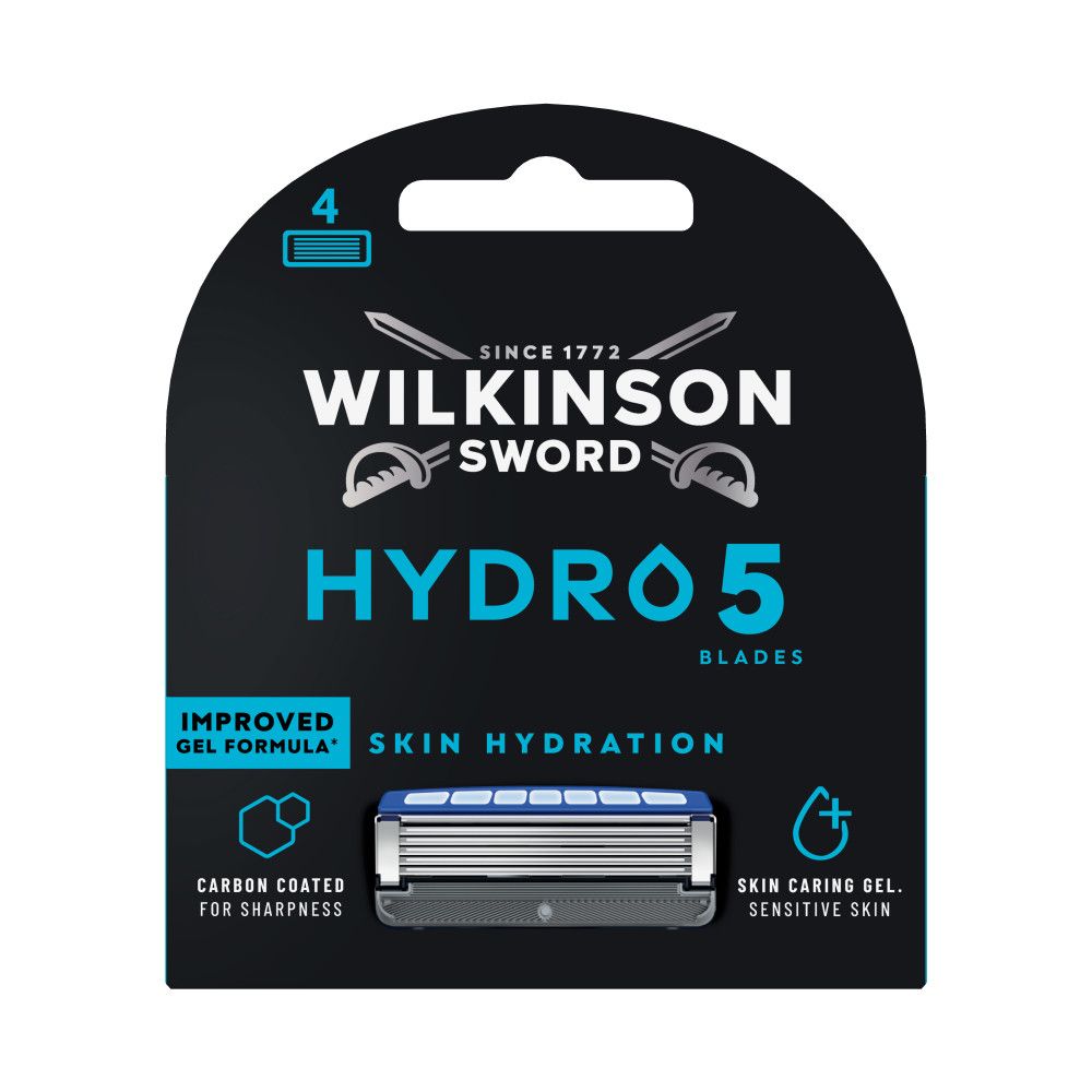 Verpackung für Wilkinson Sword Hydro 5 Klingen mit Hautpflege-Gel und 5 Klingen. Enthält Informationen zur Hautfeuchtigkeit.