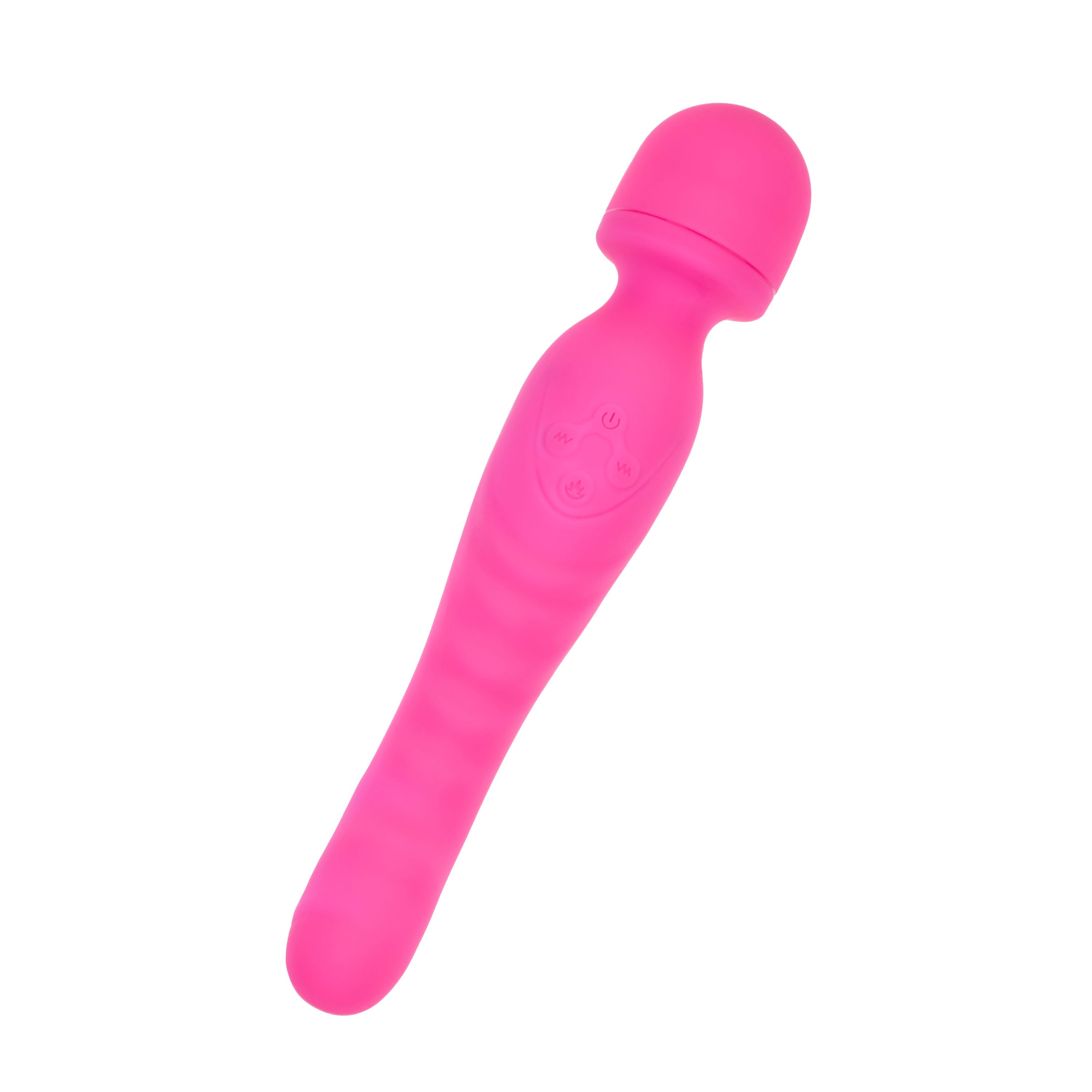 Pinkfarbener Massage-Stick mit abgerundetem Kopf und geriffelter Oberfläche. Auf der Oberfläche sind Symbole eingraviert.