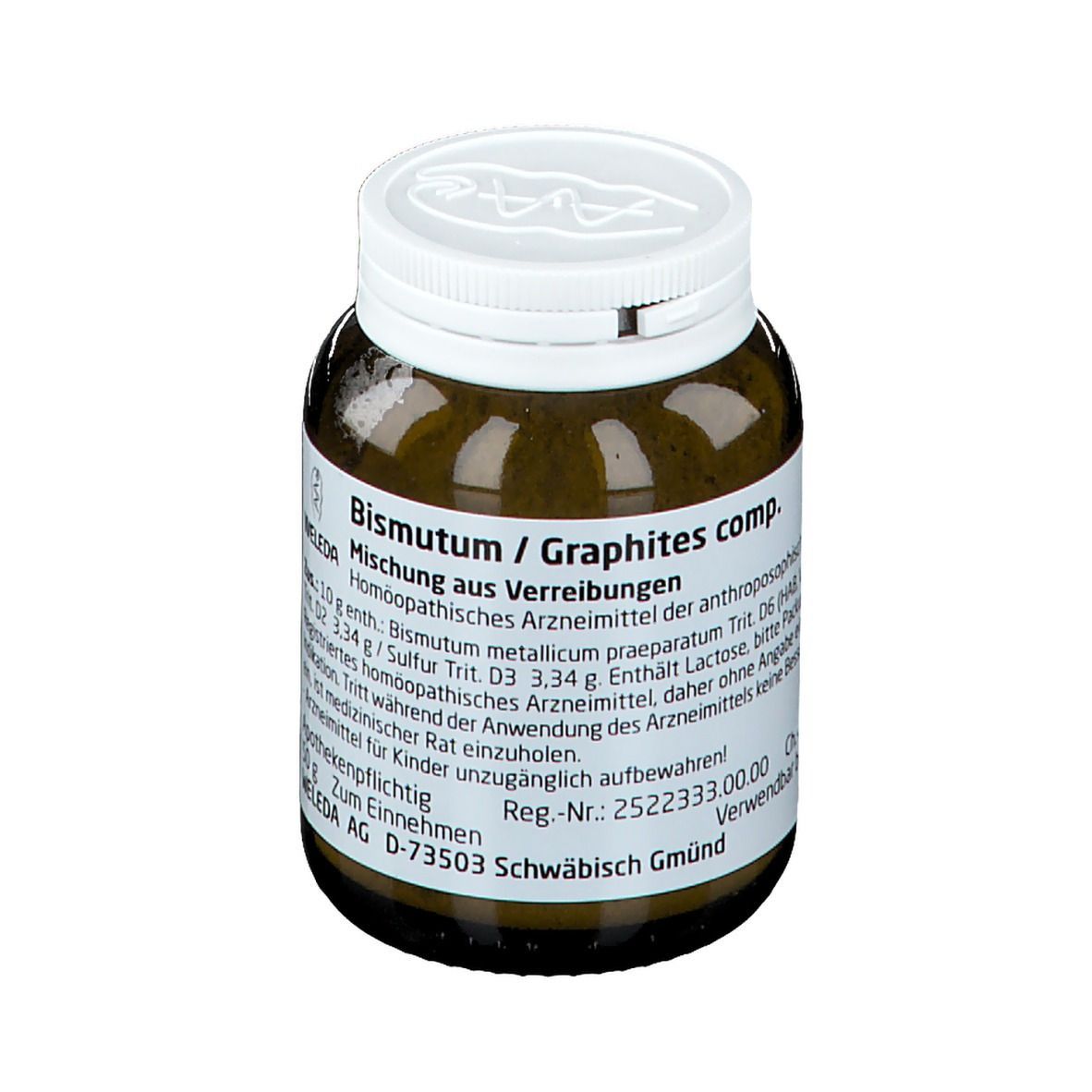 Braune Glasflasche mit weißem Deckel. Etikett mit Text. Apothekenzeichen auf dem Deckel. Produktname: Bismutum / Graphites comp.