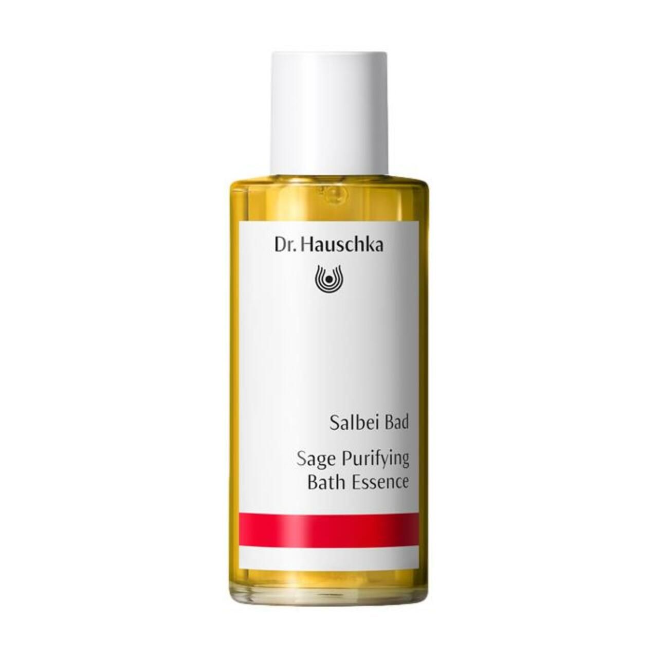 Dr. Hauschka Salbei Bad. Flasche mit gelber Flüssigkeit, weißem Deckel und Etikett mit Produktnamen.