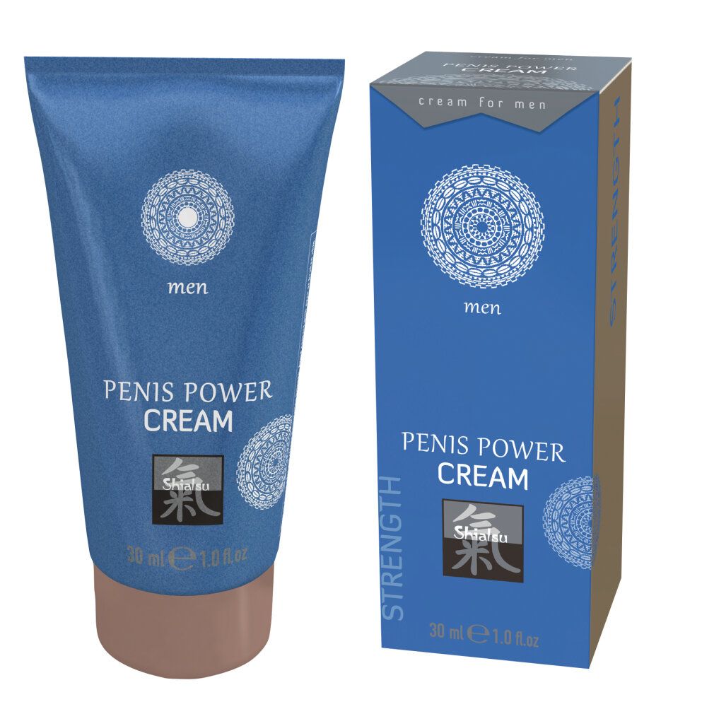 Blaue Tube und Schachtel. Aufschrift: PENIS POWER CREAM, Shiatsu, 30 ml. Für Männer. Mandala-Design.