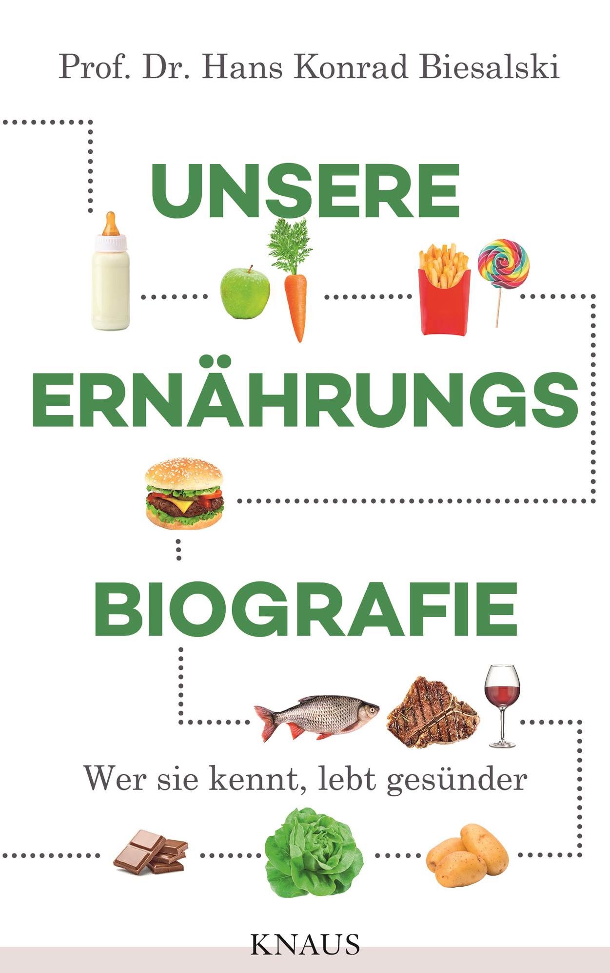 Buchcover mit Titel "UNSERE ERNÄHRUNGSBIOGRAFIE". Abgebildet sind Lebensmittel wie Apfel, Karotte, Fisch, Steak, Schokolade und Kartoffeln.
