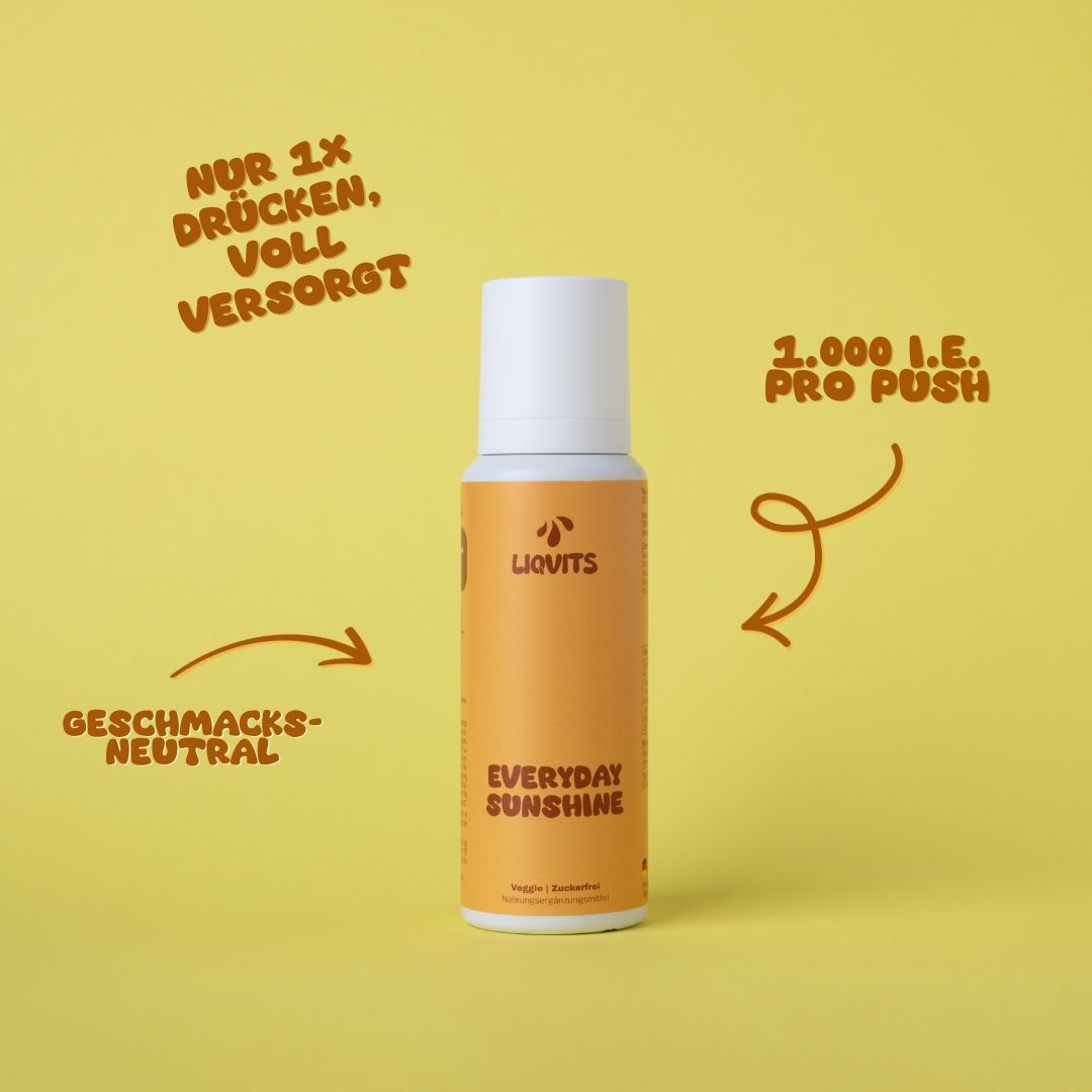 Gelbe Flasche mit weißem Deckel. Aufschrift: LiqVits Everyday Sunshine. Text: 1.000 I.E. pro Push, Geschmacks-neutral, Nur 1x drücken, voll versorgt.