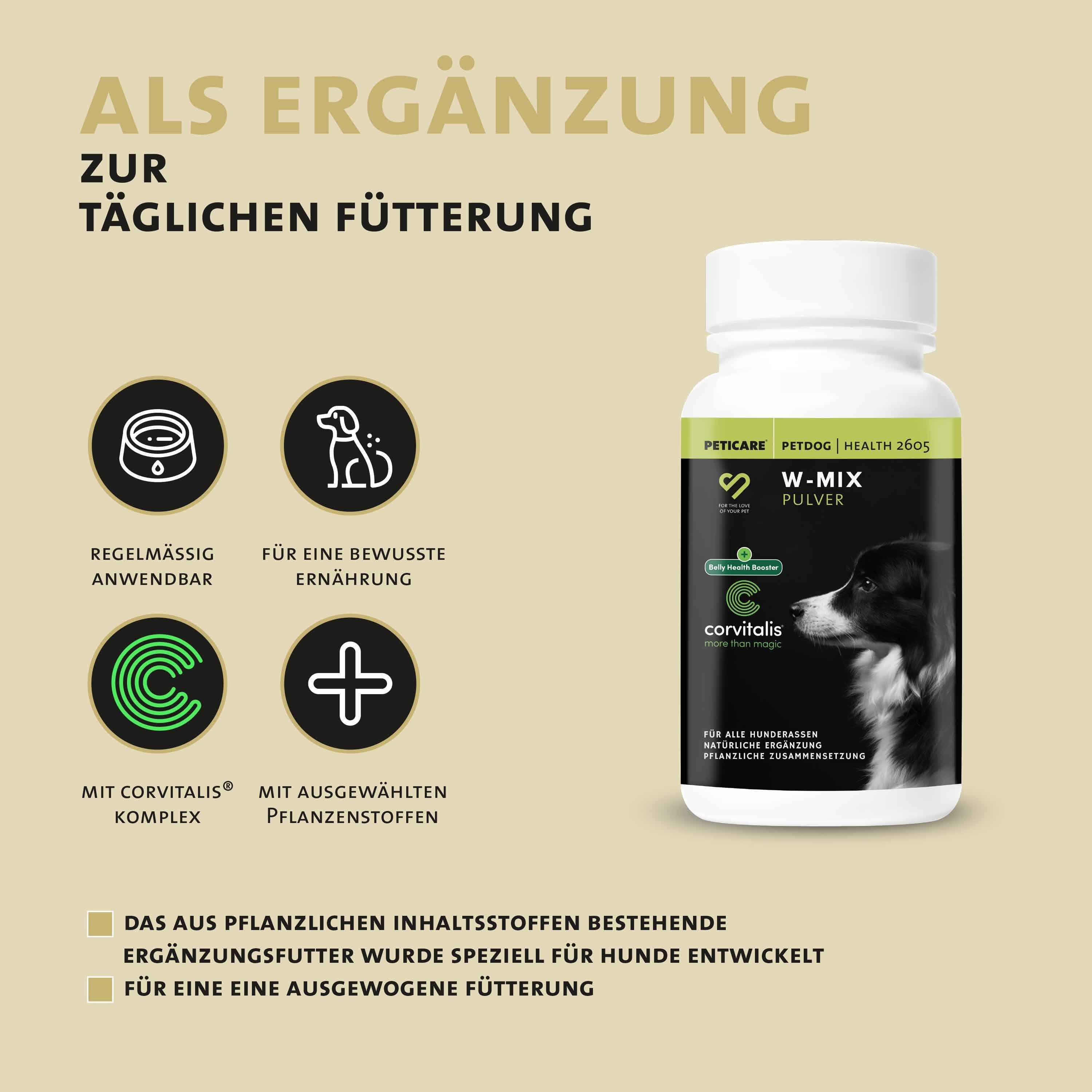 Flasche mit W-Mix Pulver. Text: Als Ergänzung zur täglichen Fütterung. Symbole: Futternapf, Hund, Corvitalis.