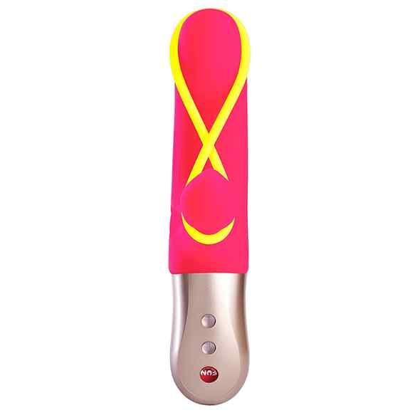 Zylindrischer Vibrator, pink mit gelben Akzenten. Silberfarbener Griff mit drei Knöpfen. Runder Knopf mit FUN-Logo.