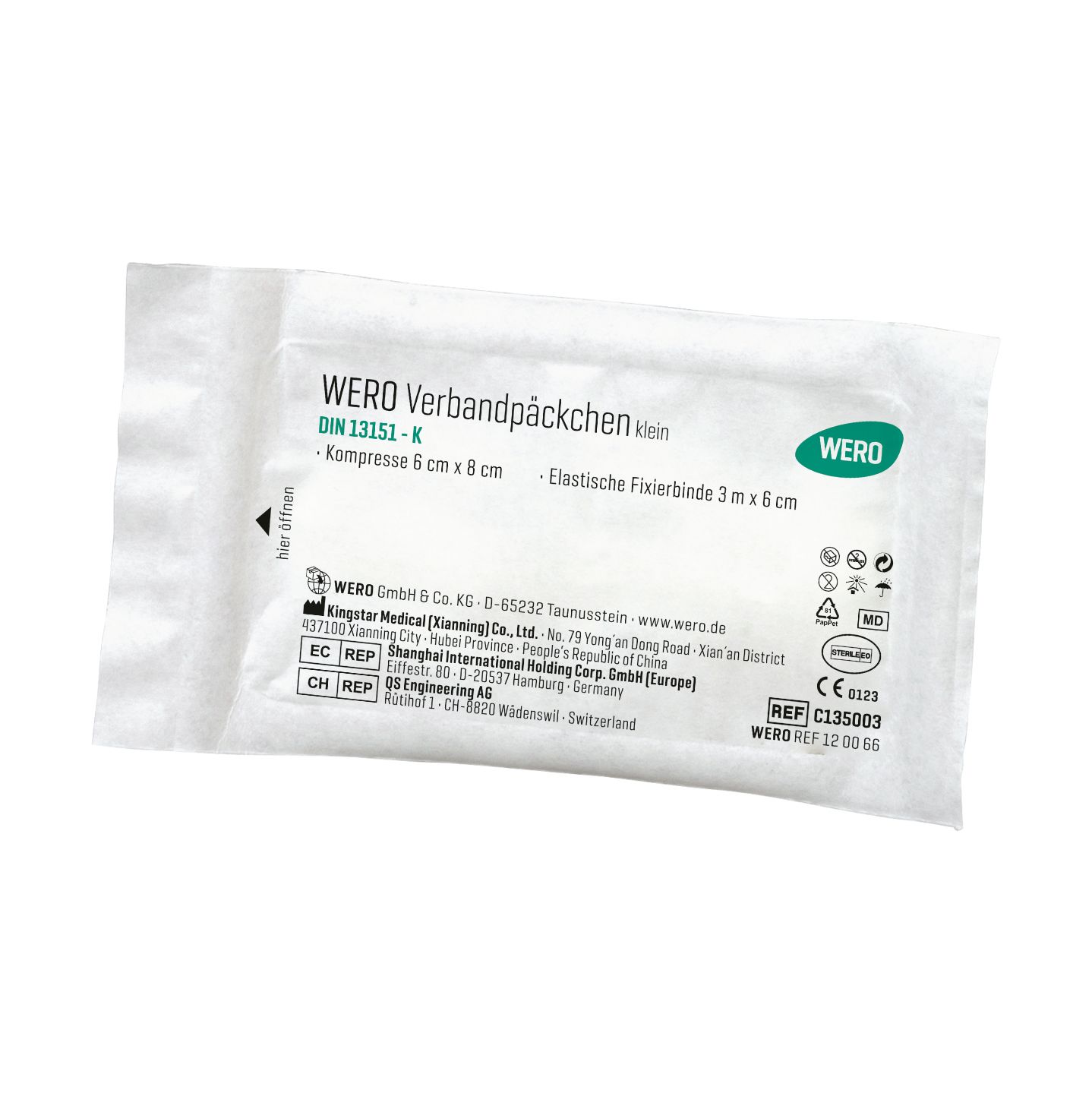 WERO Verbandpäckchen, weißes Päckchen. Aufdruck: Kompresse 6 cm x 8 cm, elastische Fixierbinde 3 m x 6 cm. DIN 13151-K.