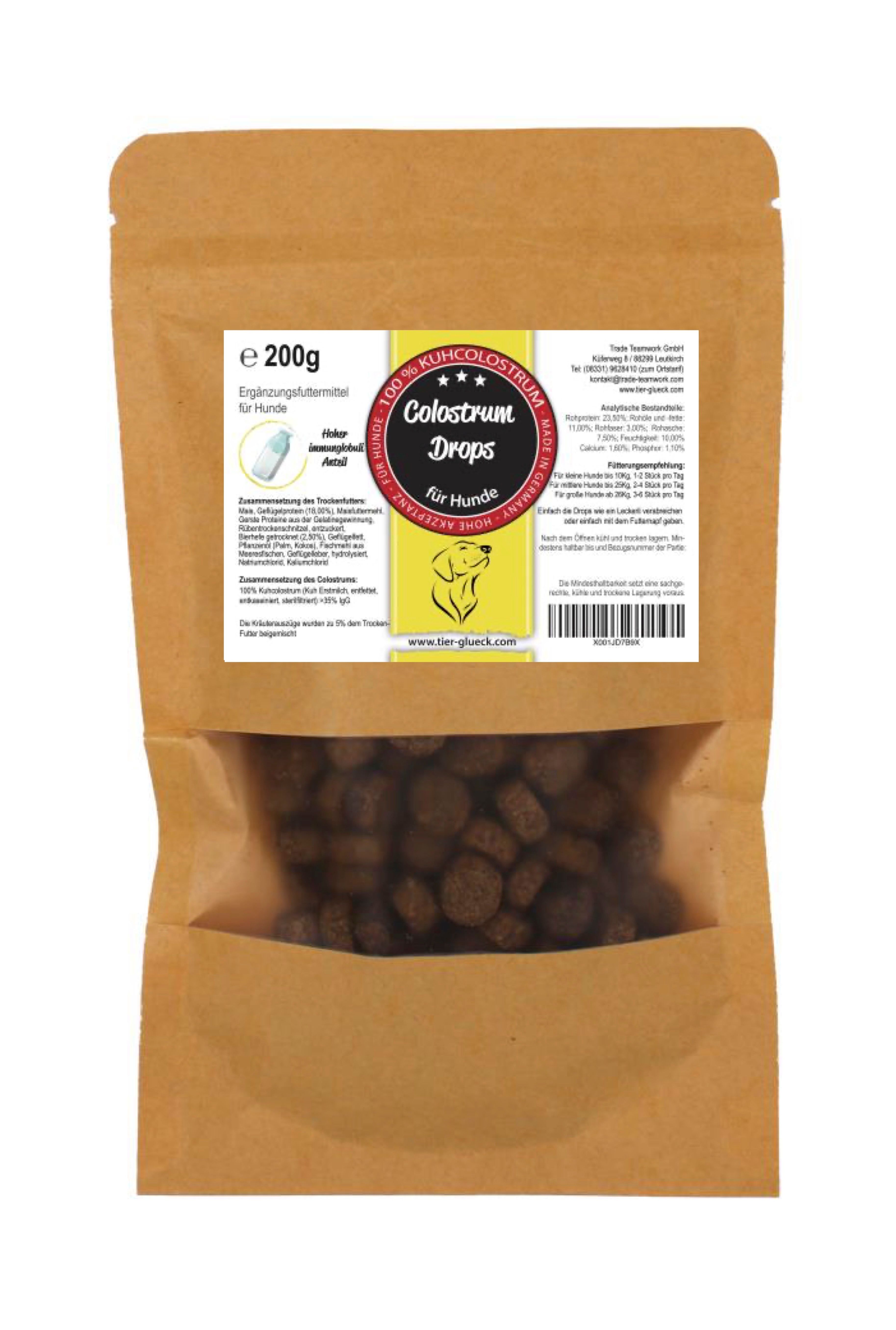 Beutel mit Colostrum Drops für Hunde. Sichtbares Produkt durch transparentes Fenster. Aufdrucke: 200g, Colostrum Drops, TierGlück.