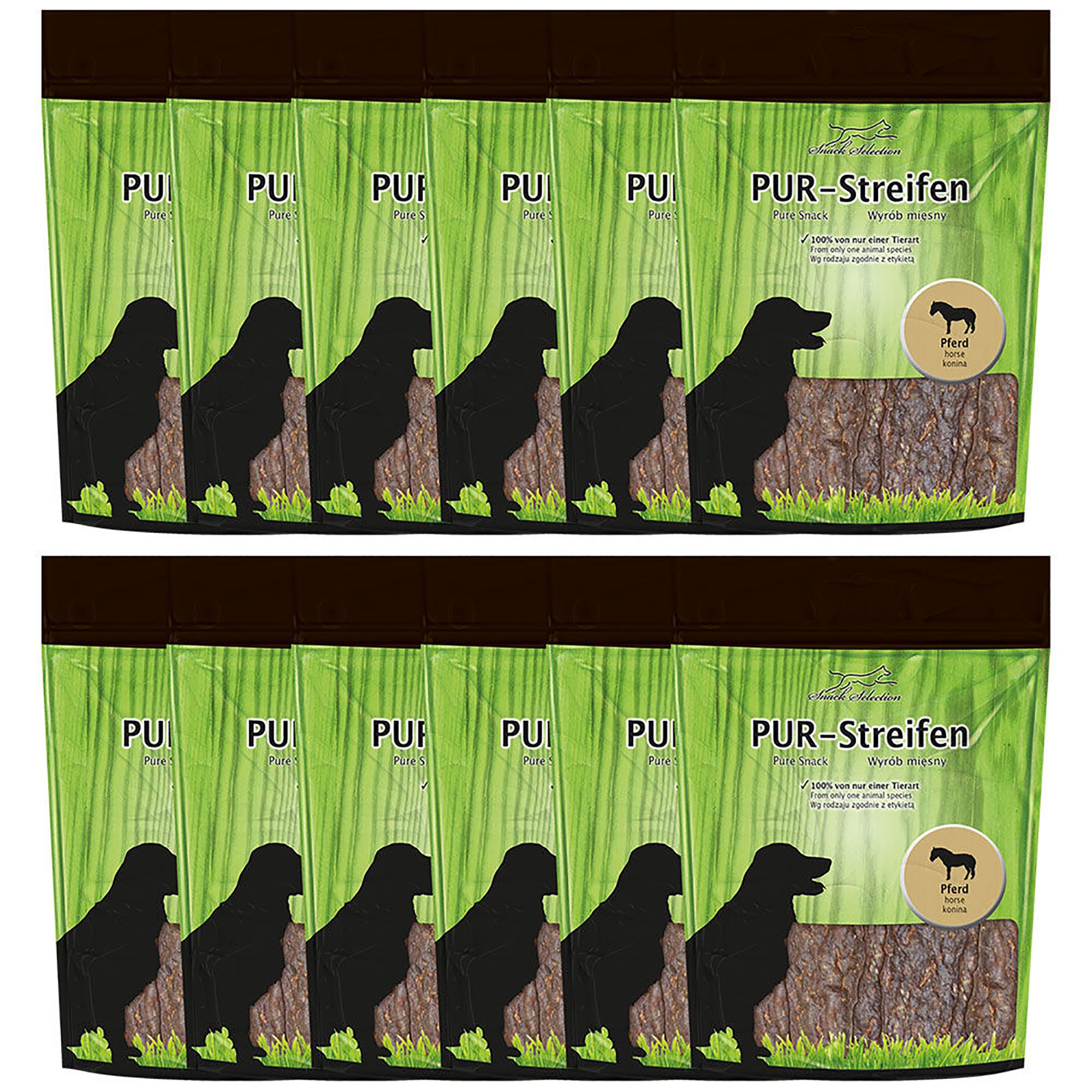 Mehrere Packungen PUR-Streifen. Grün-braune Verpackung mit Hundesilhouette und Produktbezeichnung. Pferd-Logo.