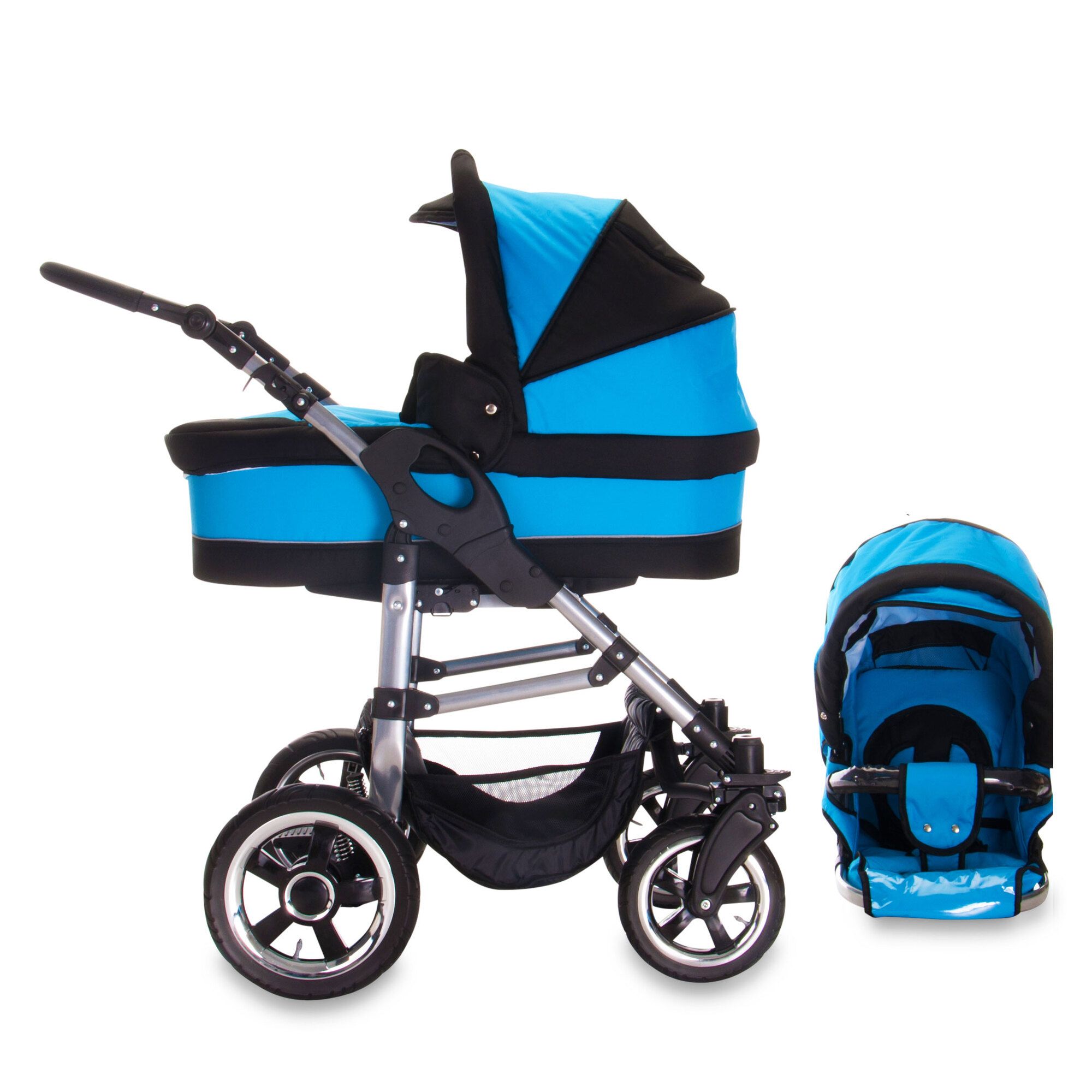 Kombikinderwagen mit blau-schwarzem Design. Luftreifen, Gestell mit Korb. Zweiteilige Ansicht.