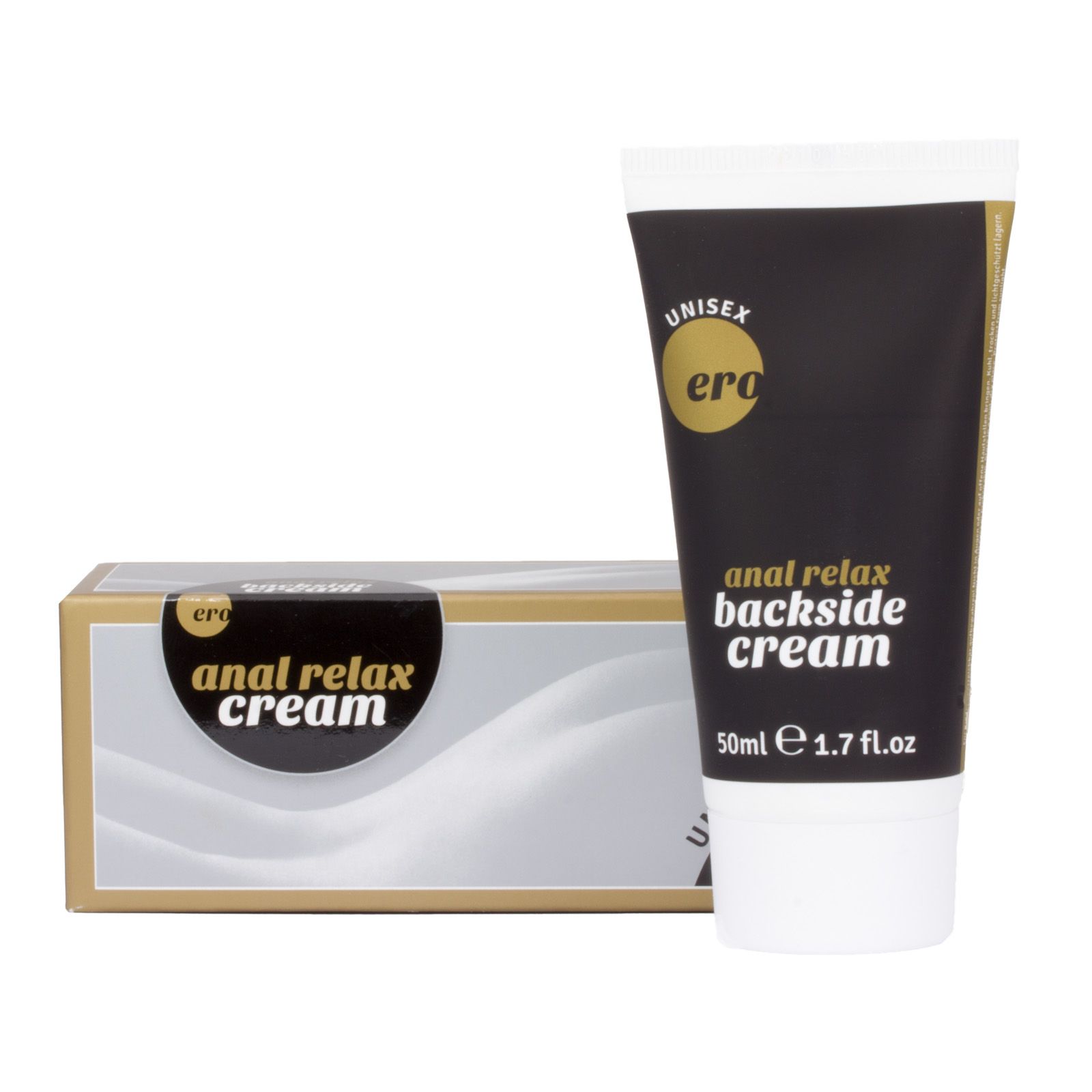 Creme-Tube und Schachtel. Tube: schwarz, weiß, gold. Schachtel: weiß, gold, schwarz. Beschriftung: "Ero", "anal relax backside cream", "50ml".