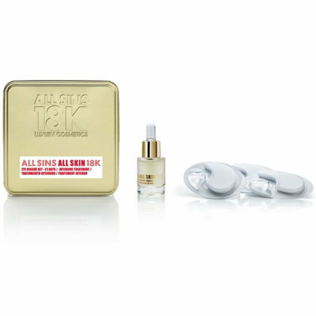Goldene Box, Flasche mit Pipette, ovales Gerät. Text: ALL SINS 18K. Produktnamen auf der Box und Flasche. Weißes, ovales Gerät.