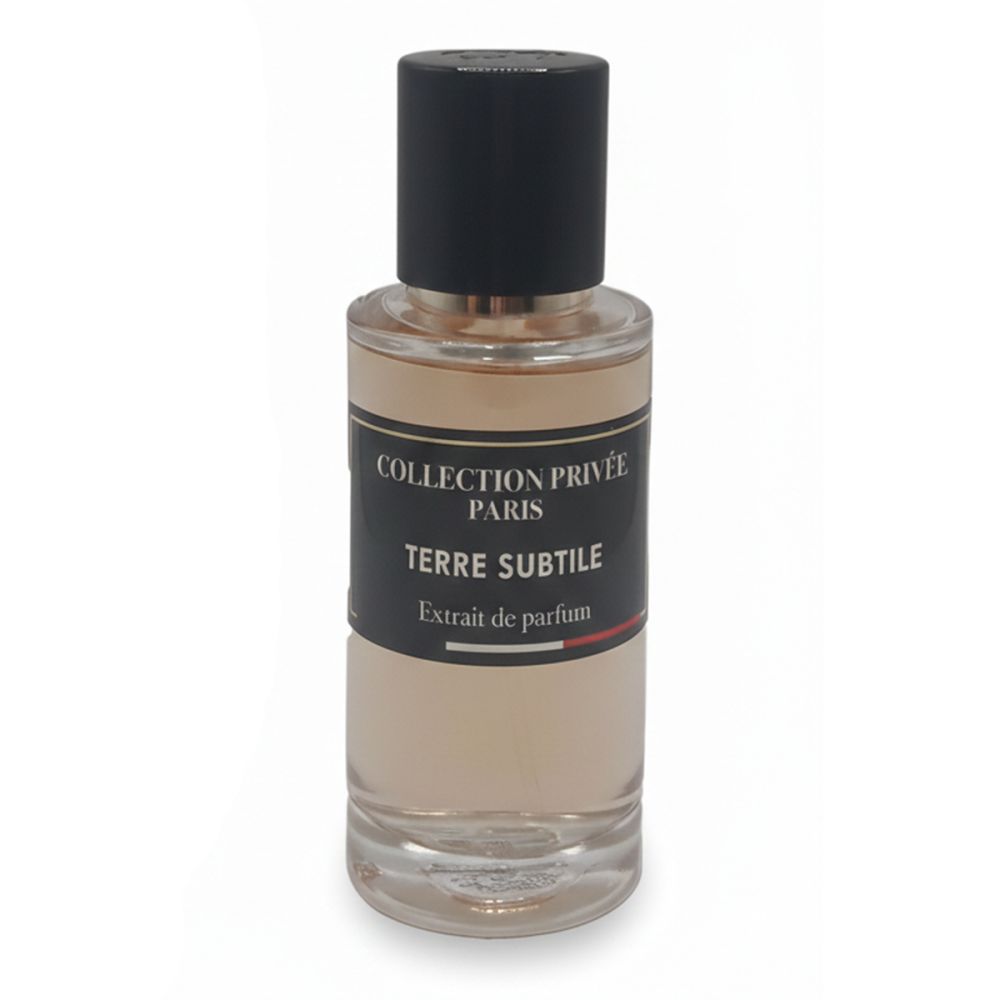Parfümflakon mit schwarzem Deckel. Etikett mit "Collection Privée Paris" und "Terre Subtile".