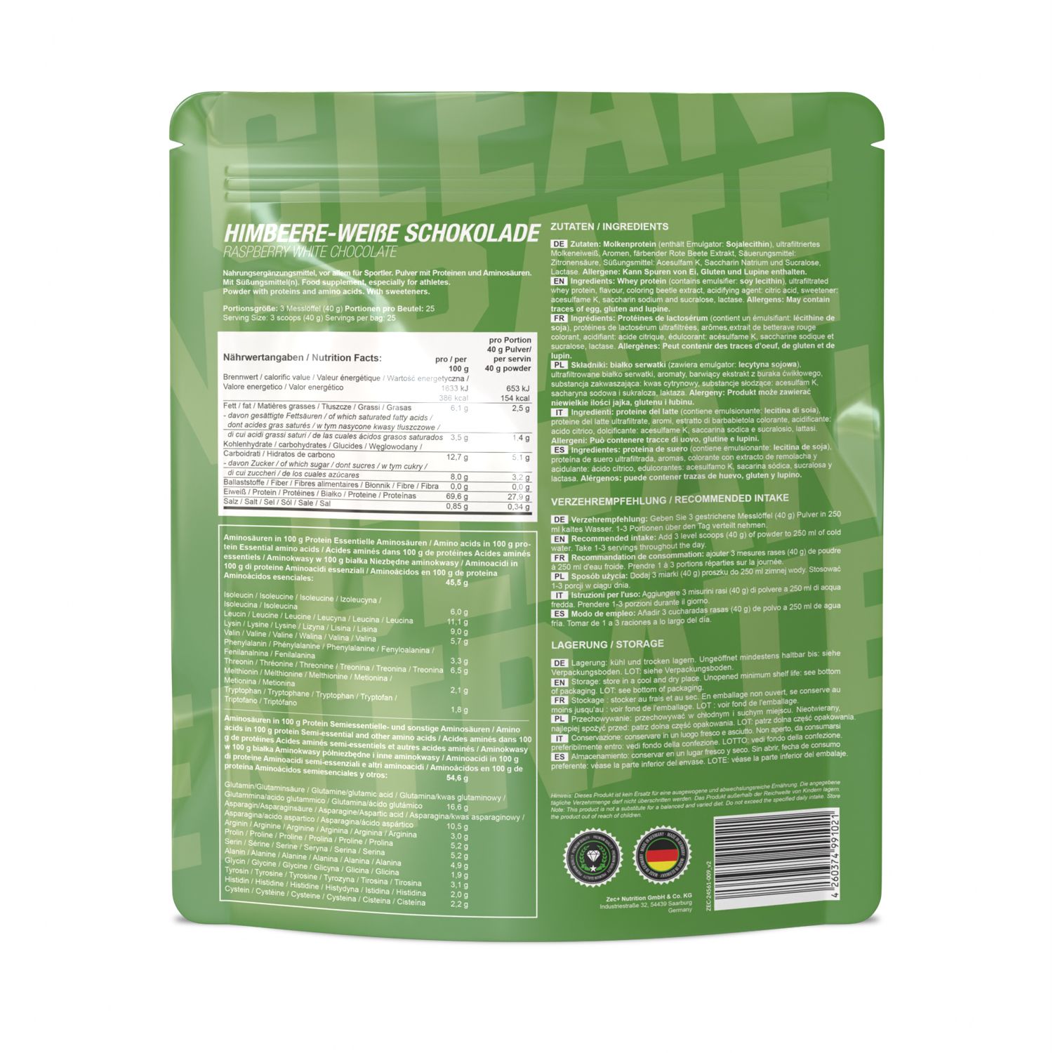 ZEC+ CLEAN CONCENTRATE Protein/ Eiweiß Himbeer Weiße Schokolade
