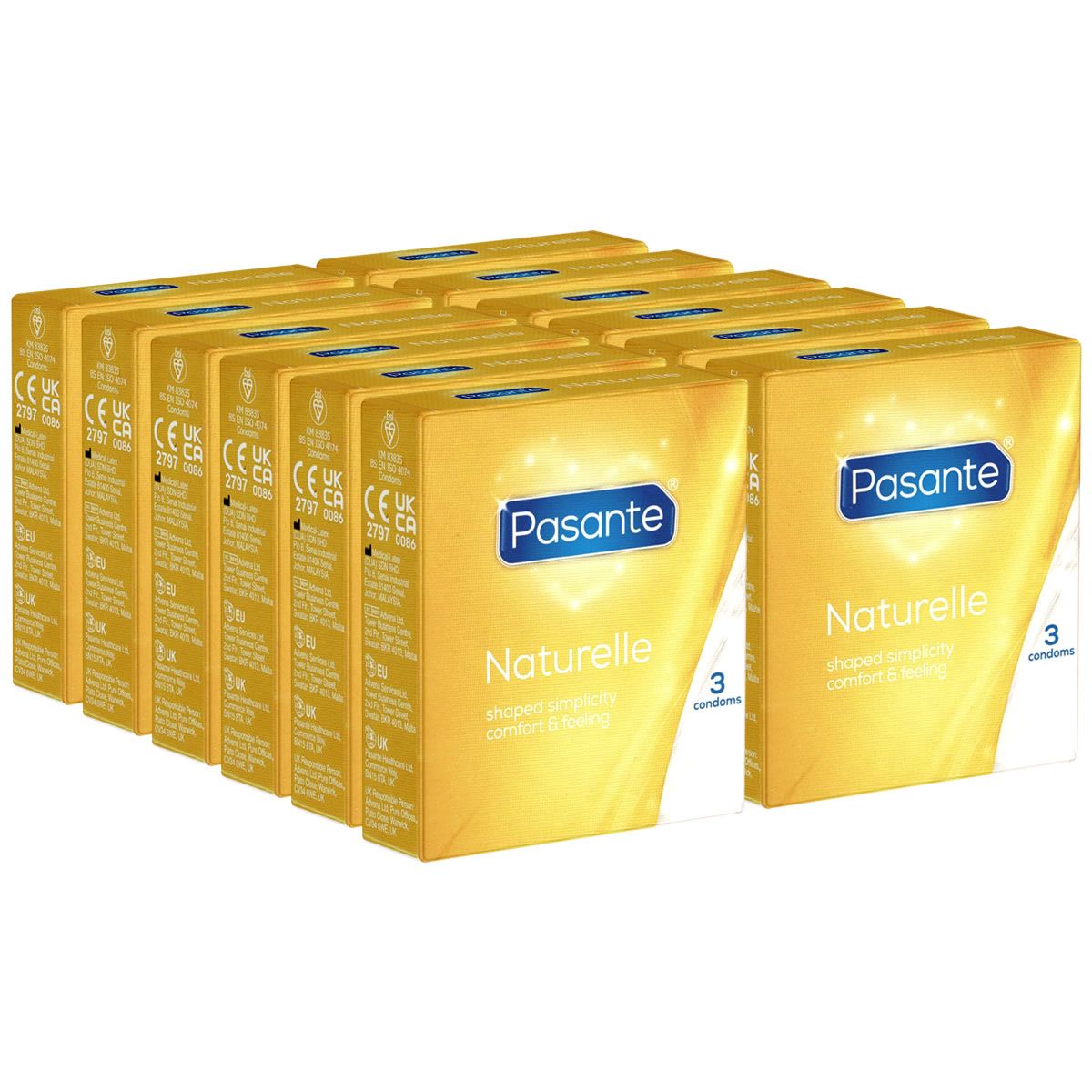 Confezioni di preservativi Pasante Naturelle. 3 preservativi per confezione. Marchio CE.
