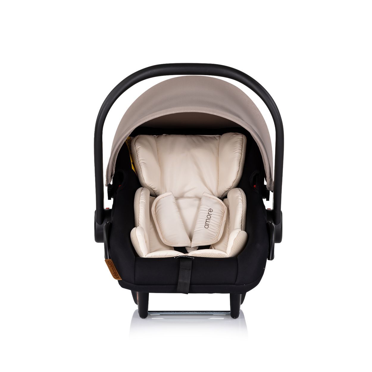 Baby-Autositzschale in Schwarz mit beiger Einlage und grauem Verdeck.