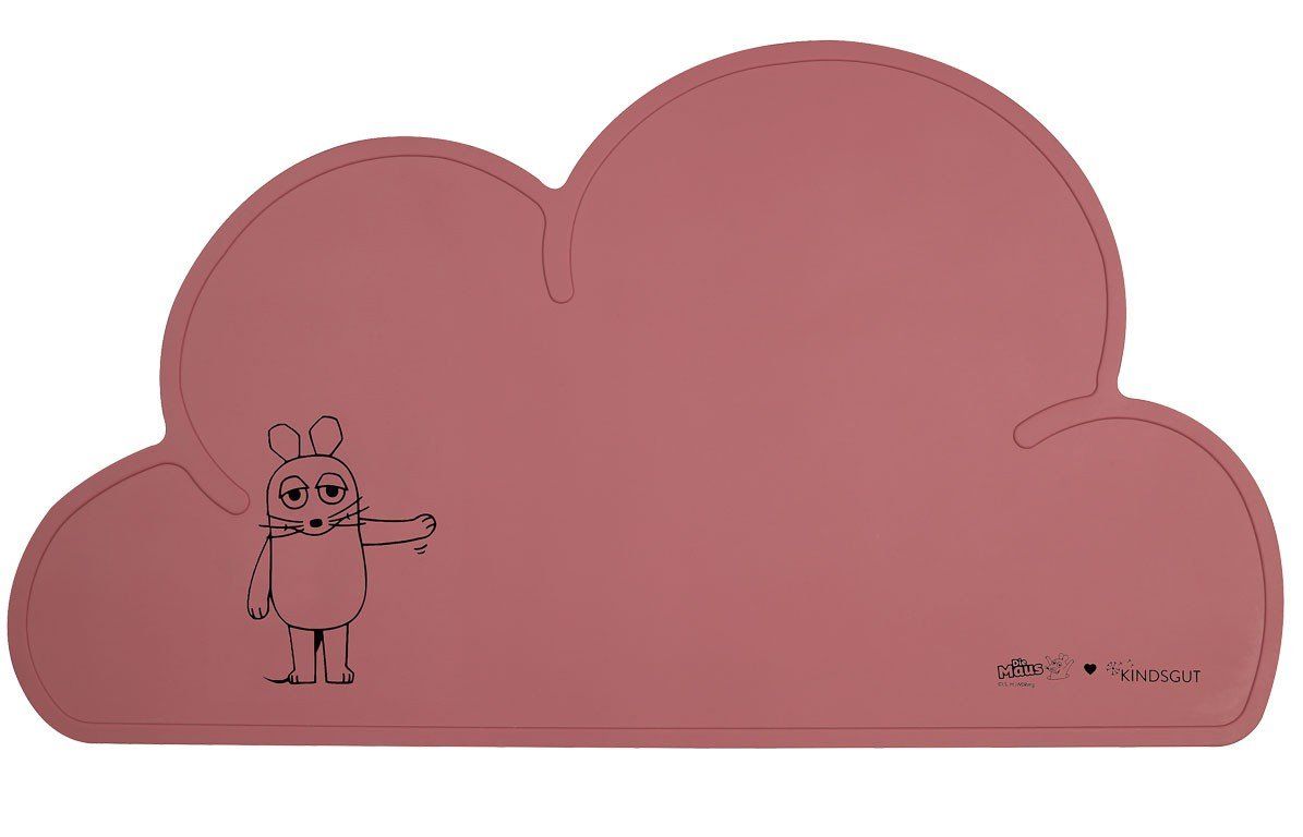 Rosa Platzdeckchen in Wolkenform mit Maus-Illustration. Kindsgut-Logo unten rechts.