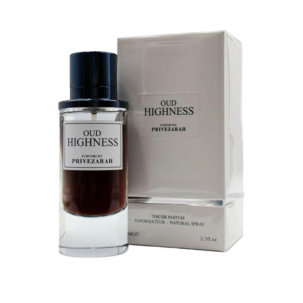 Parfümflasche und Verpackung. Flasche mit schwarzem Deckel, weißem Etikett. Verpackung weiß, mit Produktnamen. Text: Oud Highness, Privezarah.