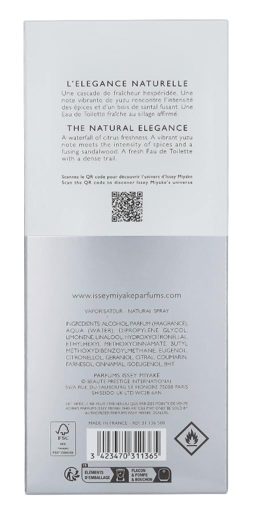 Rückseite der Verpackung. Text in Englisch und Französisch. QR-Code. Inhaltsstoffe. FSC-Logo. Warnhinweis. Hergestellt in Frankreich.