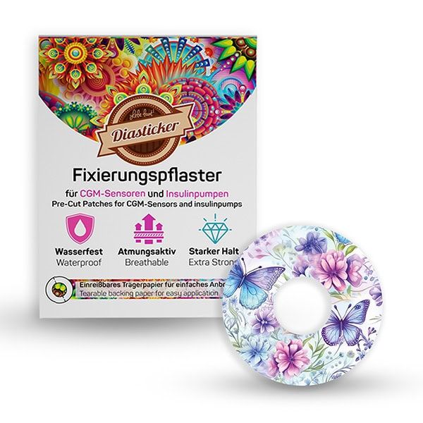 Fixierpflaster mit floralem Muster und Schmetterlingen. Verpackung mit Produktinformationen und Logo.