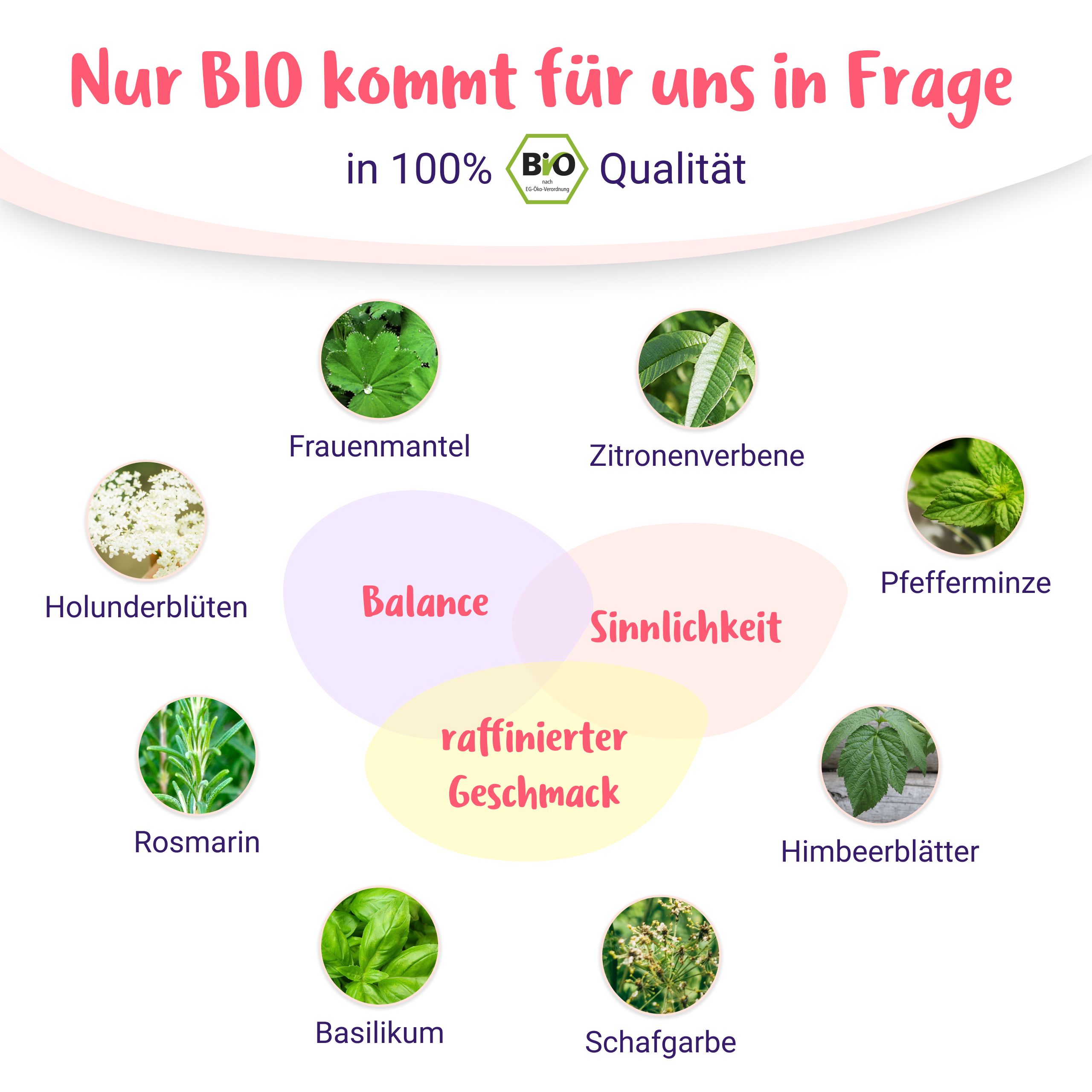 Kreisdiagramm mit Kräutern und Begriffen wie Balance und Sinnlichkeit.