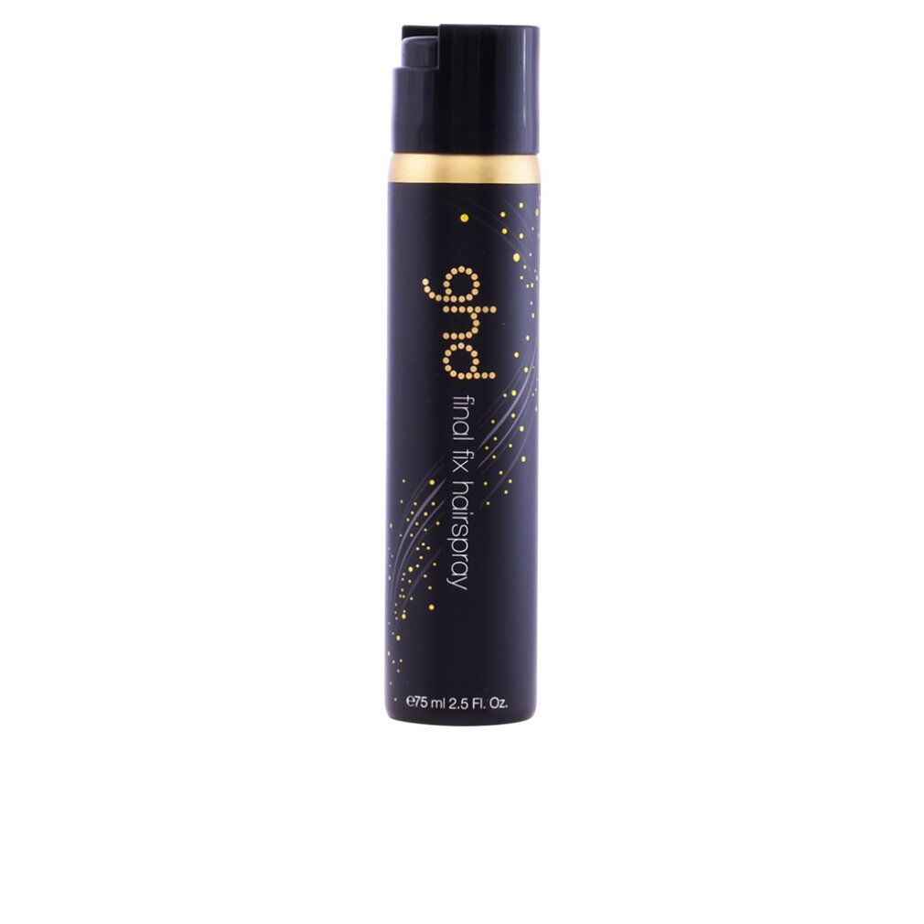 Ghd Perfect Ending Haarspray in schwarzer Dose mit goldenen Akzenten und Text. Enthält 75 ml.