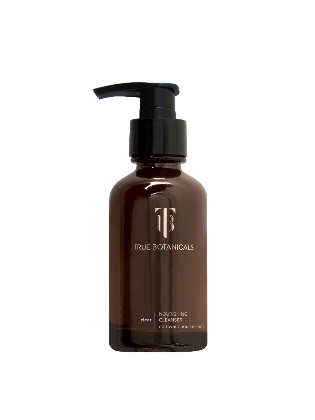 Braune Flasche mit schwarzem Pumpverschluss. Aufschrift: TRUE BOTANICALS, NOURISHING CLEANSER, clear. Produktverpackung.