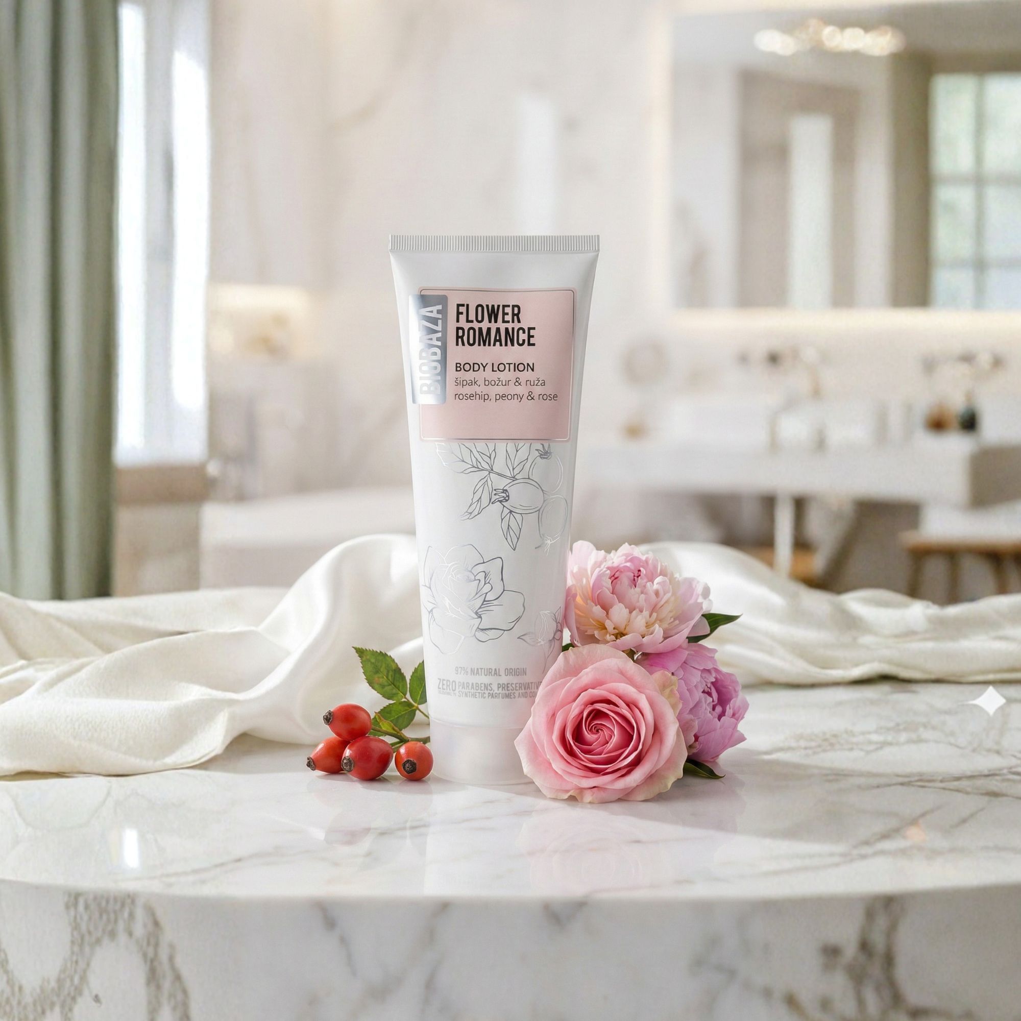 Weiße Tube Biobaza Body Lotion Flower Romance mit Blüten und Rosen. Auf Marmor, neben Rosen und Hagebutten.