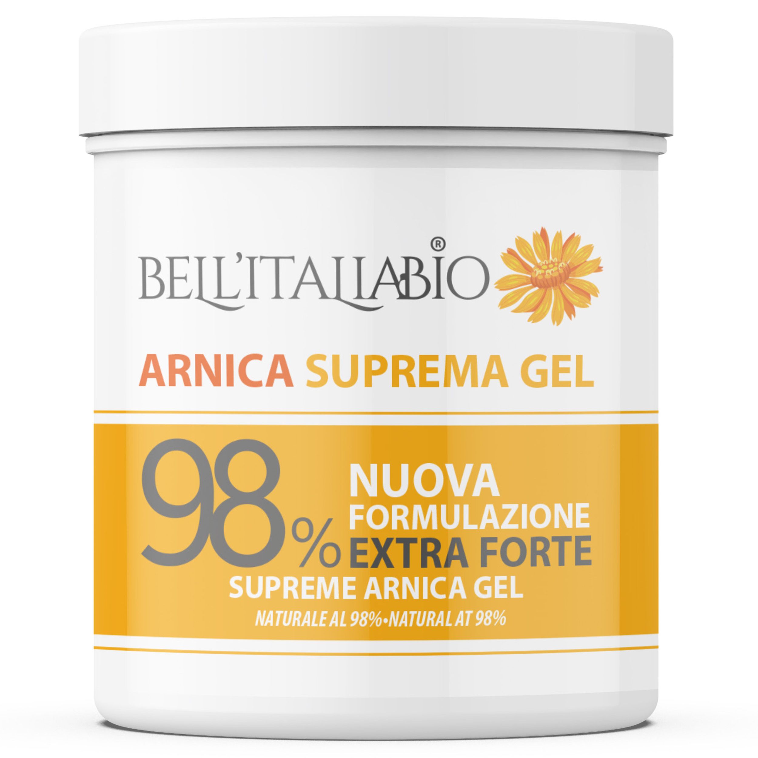 Weißes Tiegel mit gelbem Etikett. Text: BellItaliabio Arnika Supreme Gel. 98% Extra Forte. Natürliche Inhaltsstoffe.