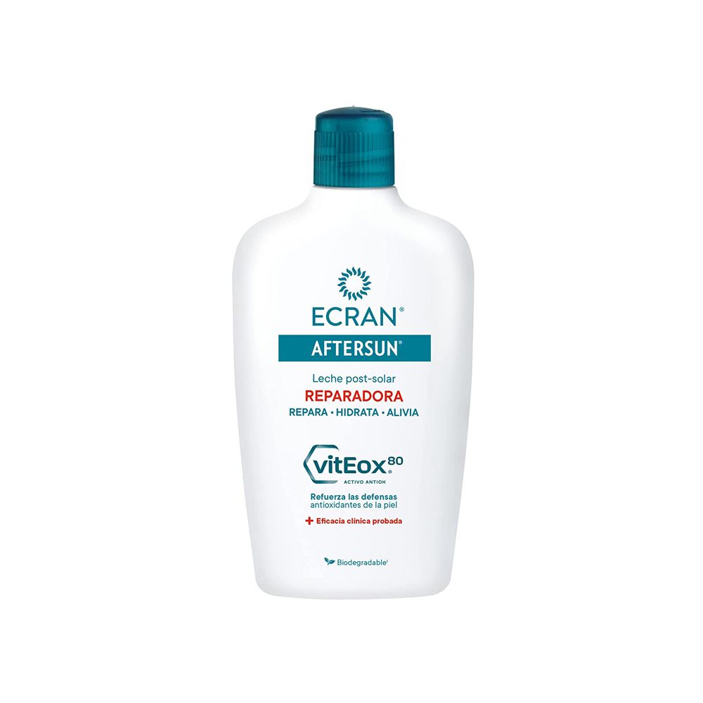 Weiße Flasche mit blauem Deckel. Aufschrift: ECRAN AFTERSUN, Reparierende After Sun Milch. Enthält 'vitEox 80'.