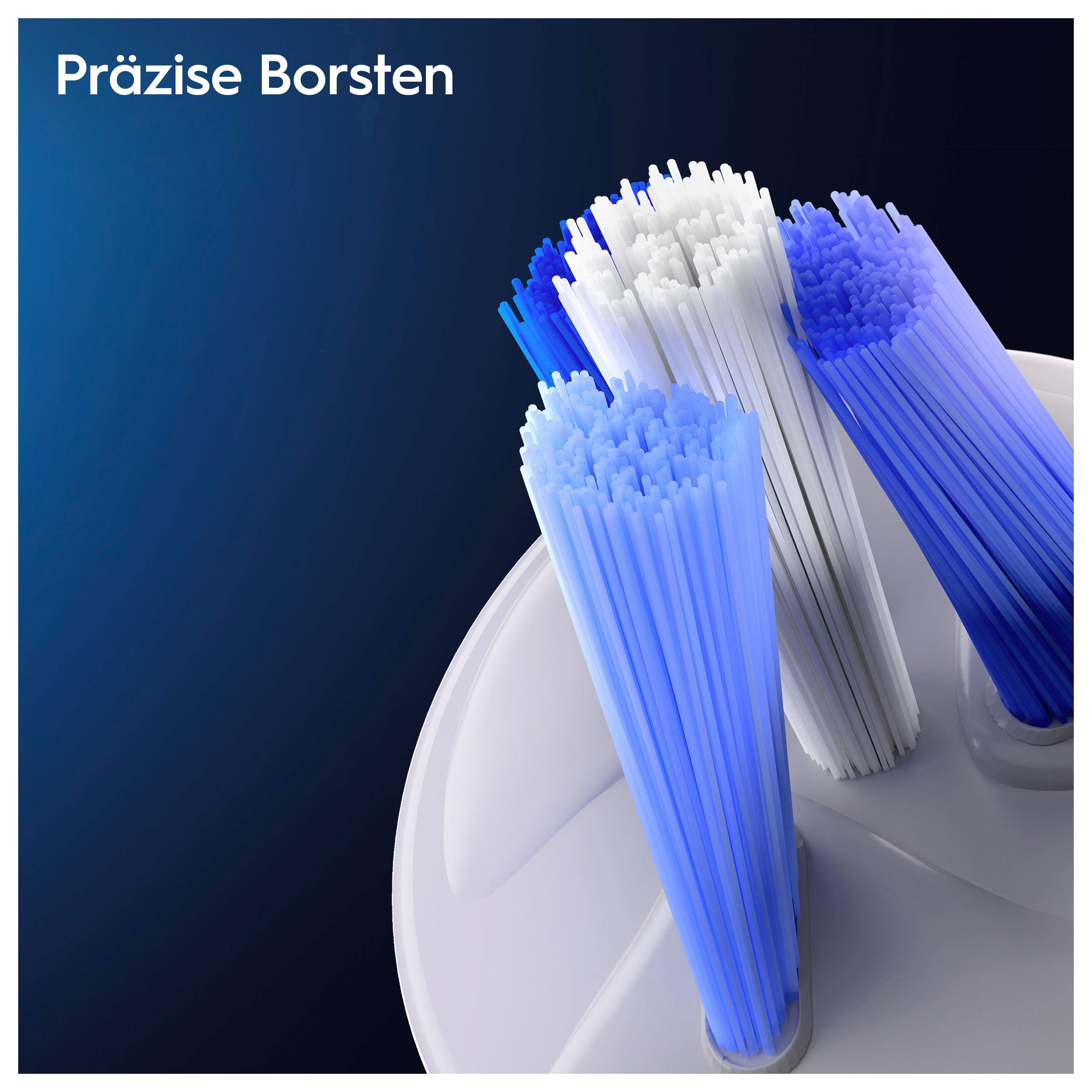 Nahaufnahme von Borsten. Blaue und weiße Borsten. Text: Präzise Borsten.