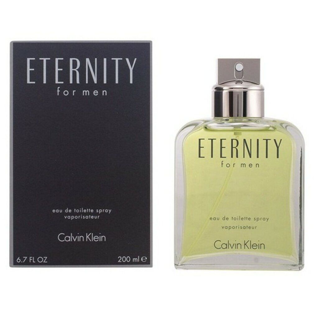 Flakon und Verpackung von Calvin Klein ETERNITY for Men. Eckiger Flakon, grüne Flüssigkeit, silberner Verschluss. Schwarze Verpackung.