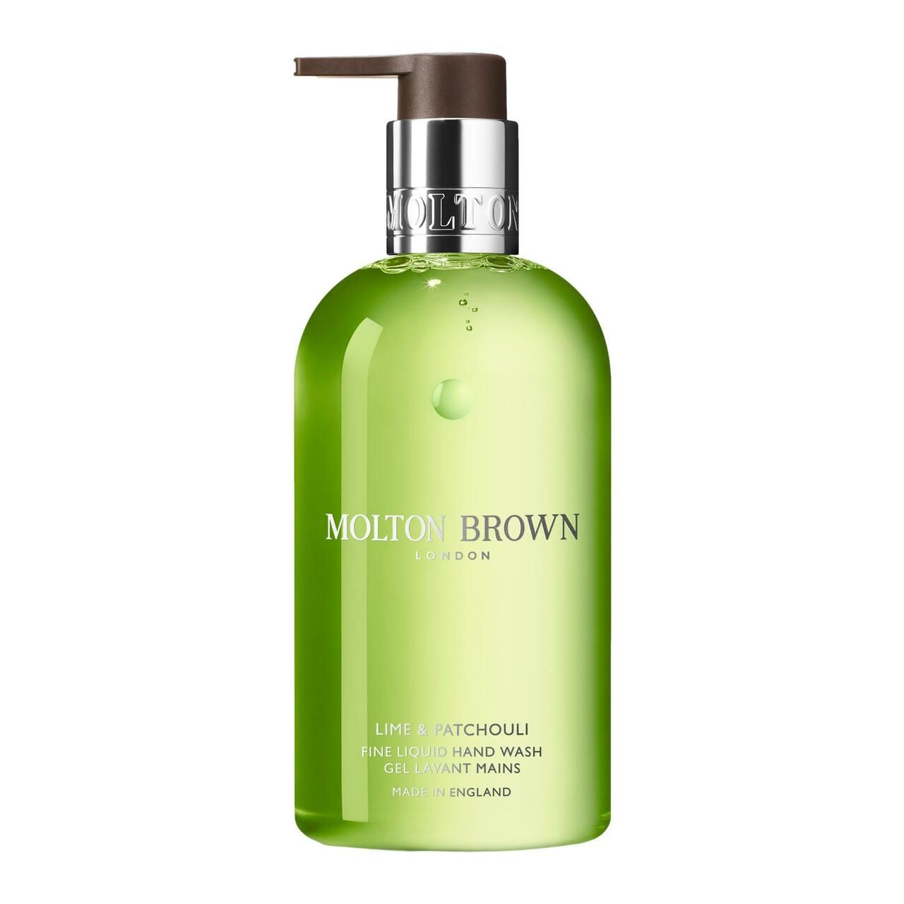 Grüne Flüssigseife von Molton Brown mit Pumpe. Aufschrift: Lime & Patchouli, Fine Liquid Hand Wash.