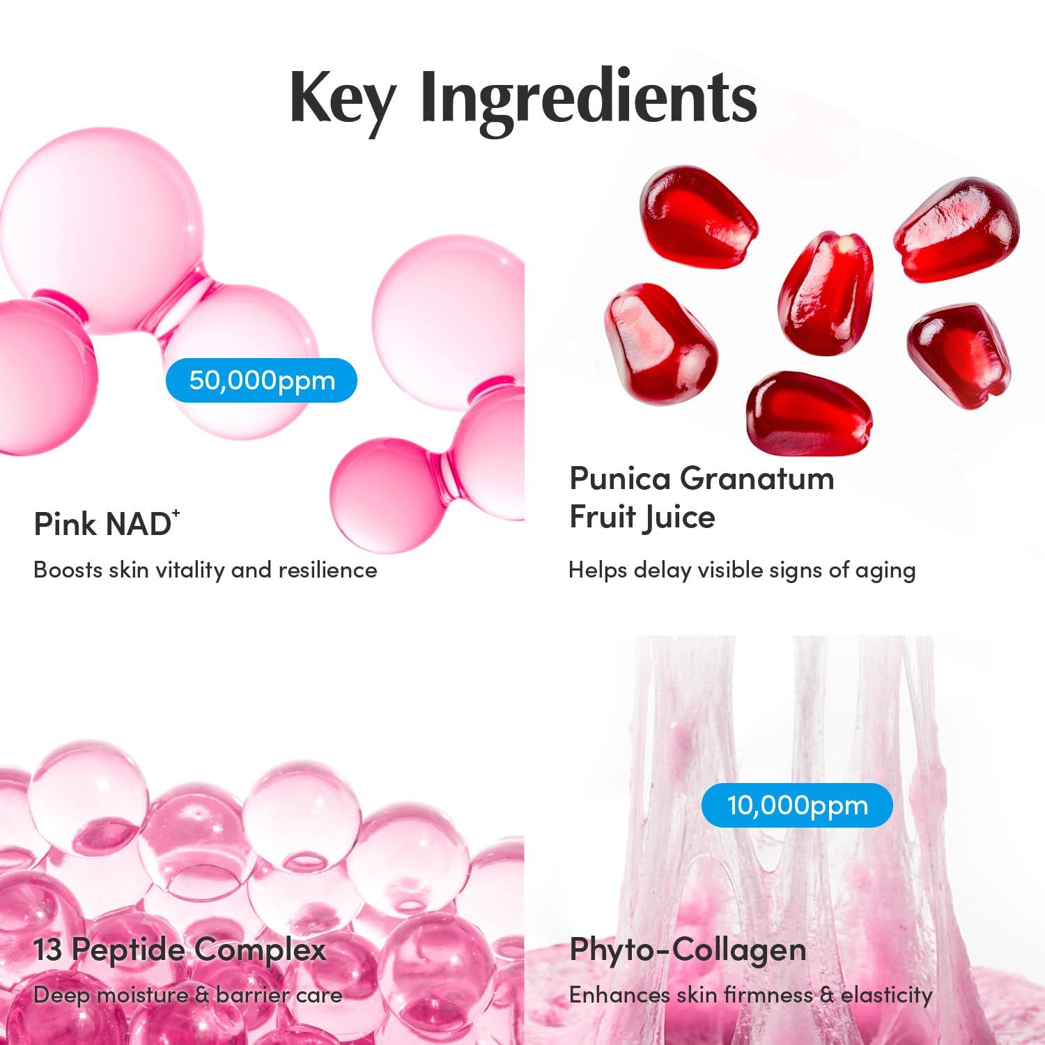 Grafik mit Inhaltsstoffen: Pink NAD+, Granatapfel-Fruchtsaft, 13 Peptid-Komplex, Phyto-Kollagen. Text: 50.000ppm, 10.000ppm.