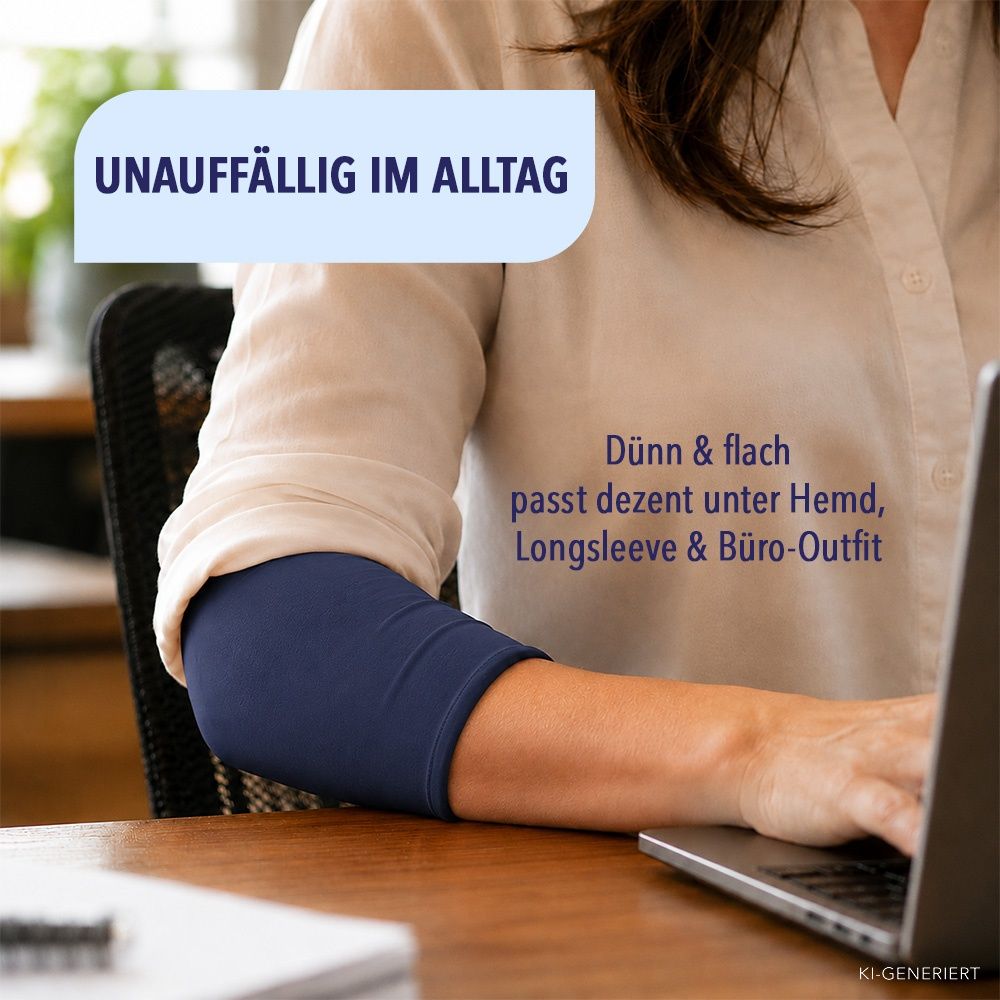 Frau trägt dunkelblaue Kühlmanschette unter Langarmshirt am Schreibtisch. Text: "Unauffällig im Alltag".