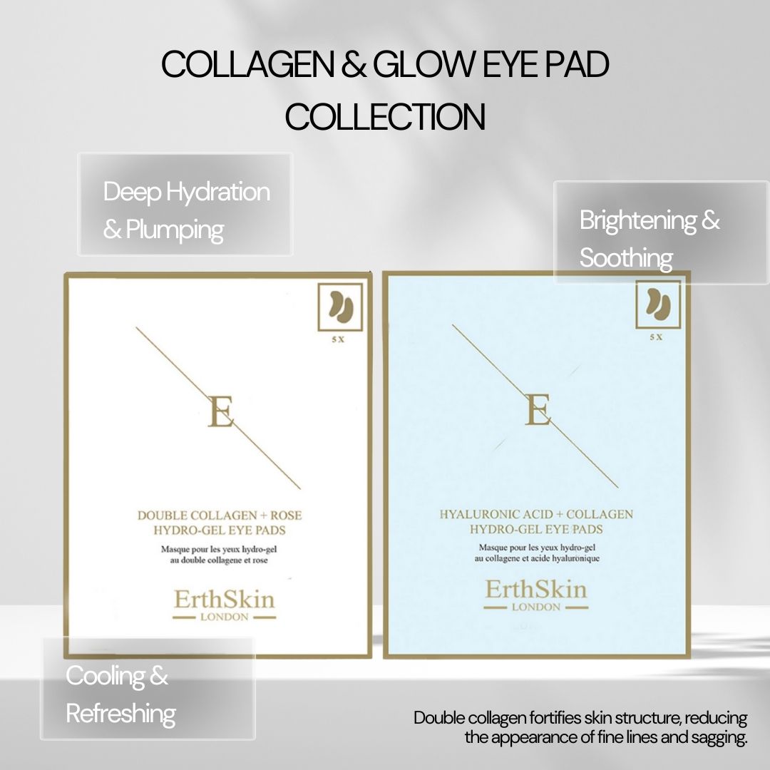 Zwei quadratische Verpackungen mit Augenpads. Aufschrift: ErthSkin London. Eine Packung enthält Rose-Hydrogel-Augenpads, die andere Hyaluronsäure + Kollagen-Hydrogel-Augenpads.