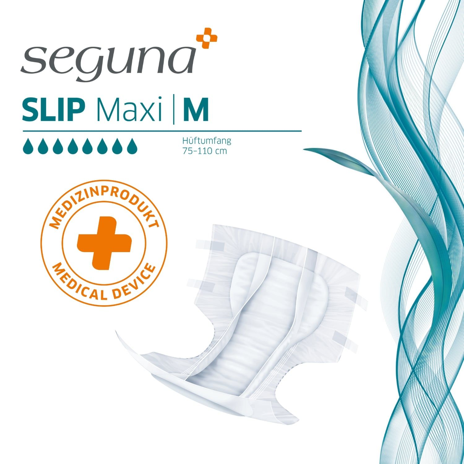 SEGUNA Slip Maxi M. Produktabbildung mit medizinischem Zeichen. Anatomische Form, atmungsaktiv, für Hüftumfang 75-110 cm.