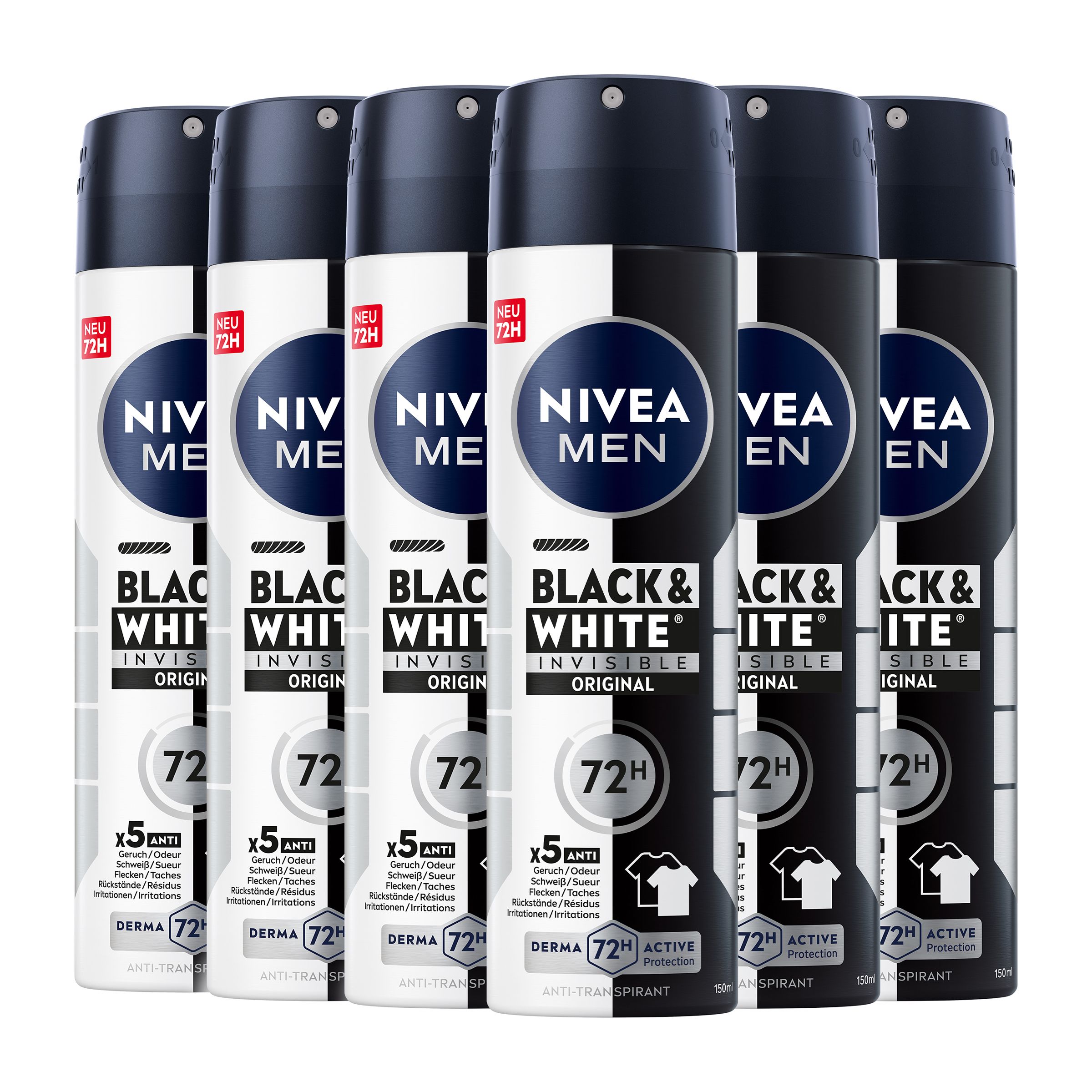 Mehrere Deosprays NIVEA MEN Black & White Invisible Original. Schwarze und weiße Dosen mit Produktinformationen. 72H Schutz.