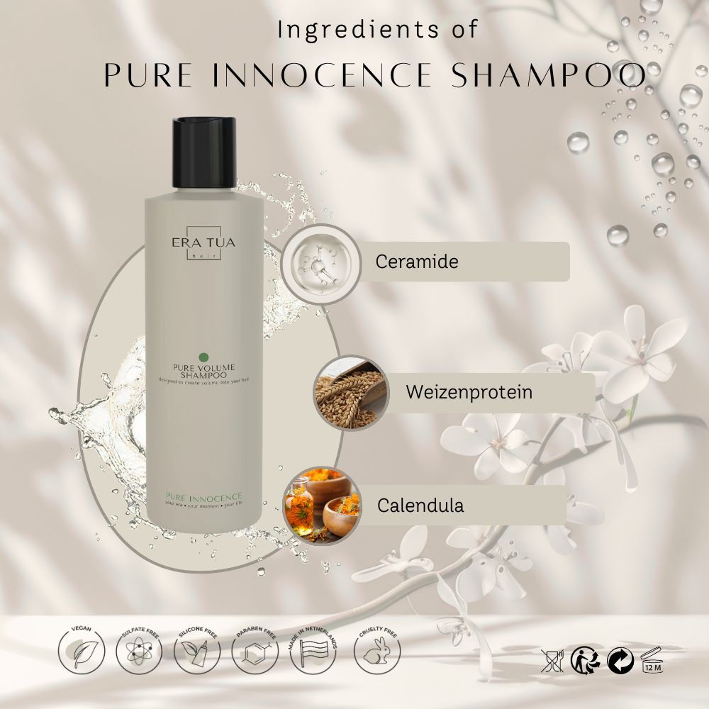 Shampoo-Flasche mit schwarzem Deckel. Text: Era Tua, Pure Volume Shampoo. Inhaltsstoffe: Ceramide, Weizenprotein, Calendula. Vegan-Siegel.