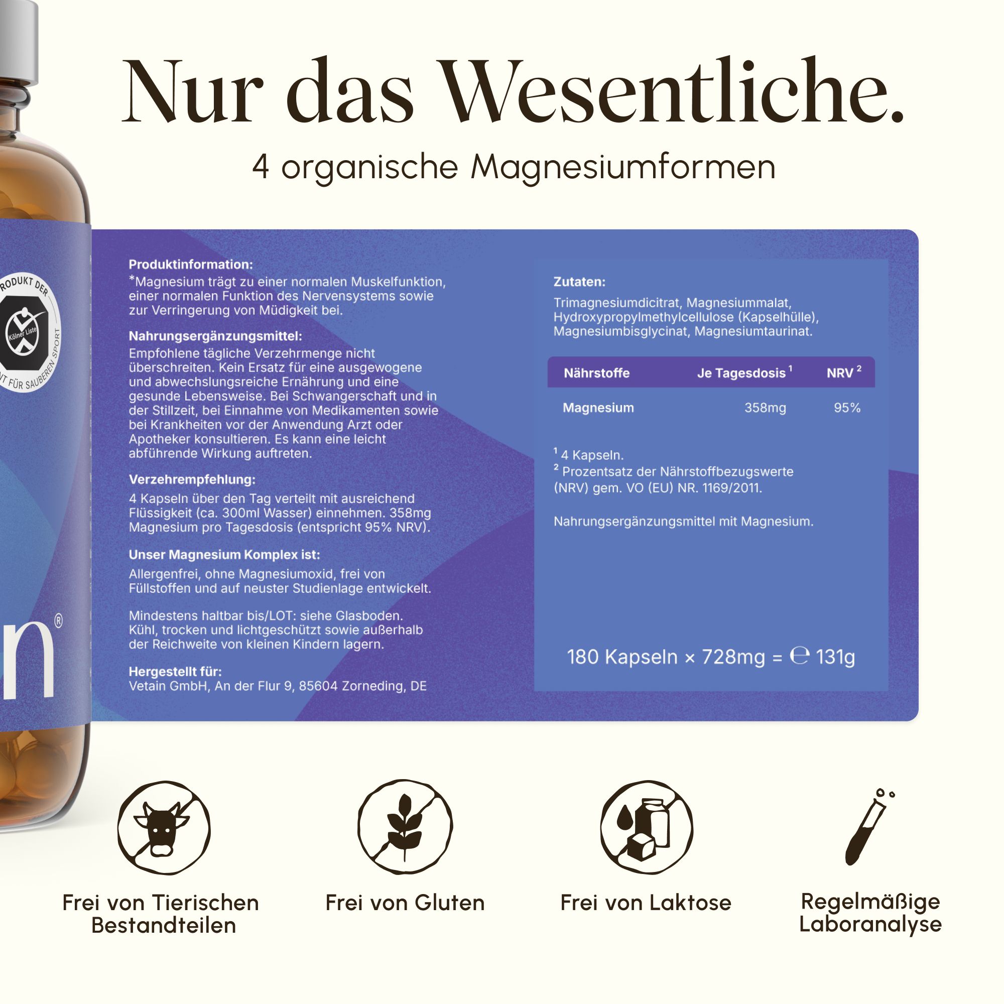 VETAIN Magnesium Komplex: 4 organische Magnesiumformen, 180 Kapseln. Frei von Tierischen Bestandteilen, Gluten, Laktose.