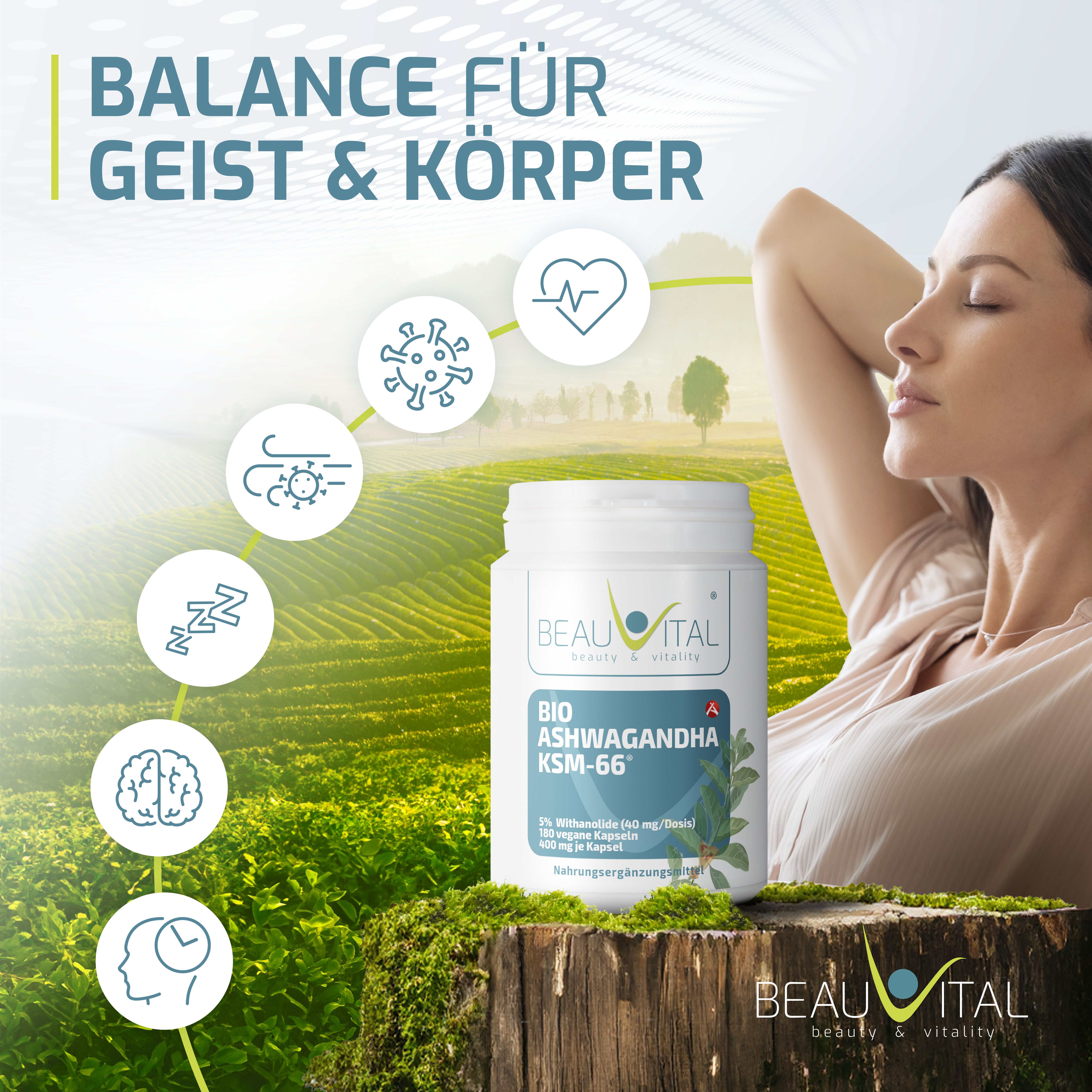 BEAUVITAL® Bio-Ashwagandha KSM-66® hochdosiert 12:1 Premiumextrakt 5% Withanolide