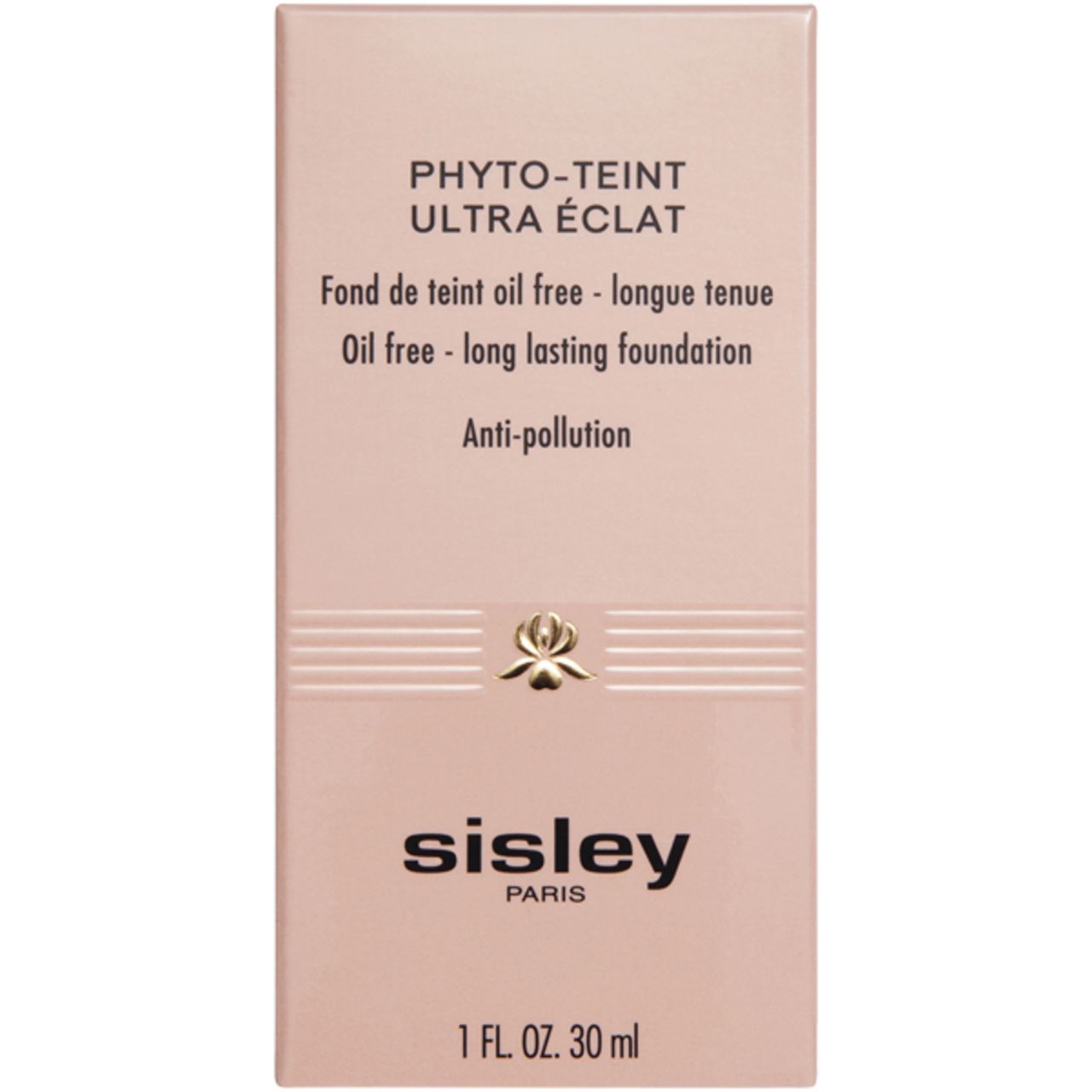 Sisley Phyto-Teint Ultra Eclat Foundation. Kartonverpackung. Text: oil free - long lasting foundation, Anti-pollution.