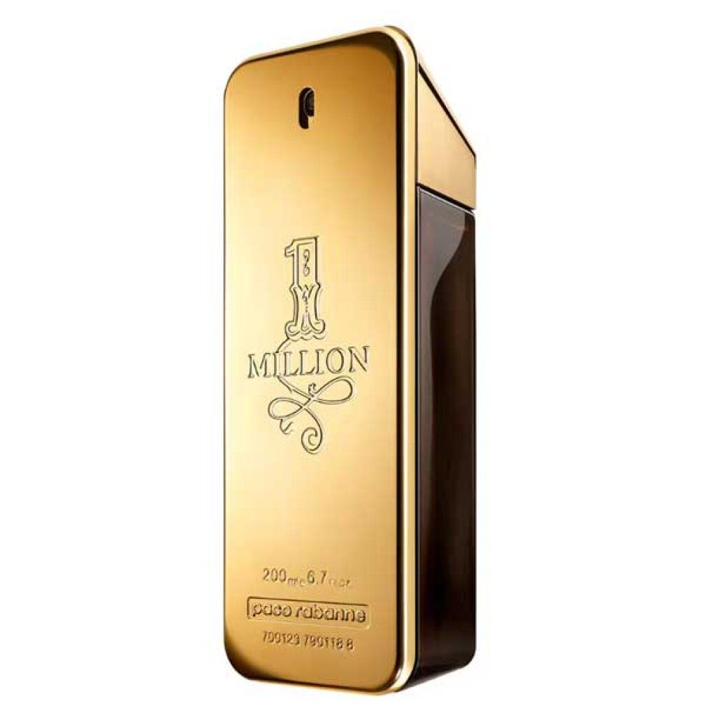 Goldfarbener Flakon "1 Million" mit schwarzem Teil. Eckige Form, goldene Farbe, Text auf dem Flakon.
