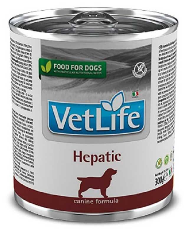 Hundefutterdose VetLife Hepatic. Dose mit Etikett, Text: VetLife, Hepatic, Food for Dogs. Braune Farbe, Hundesilhouette.