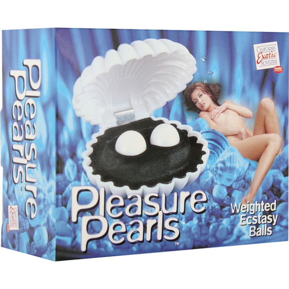 Produktverpackung mit einer Abbildung von zwei weißen Kugeln in einer Muschel. Text: Pleasure Pearls, Weighted Ecstasy Balls.